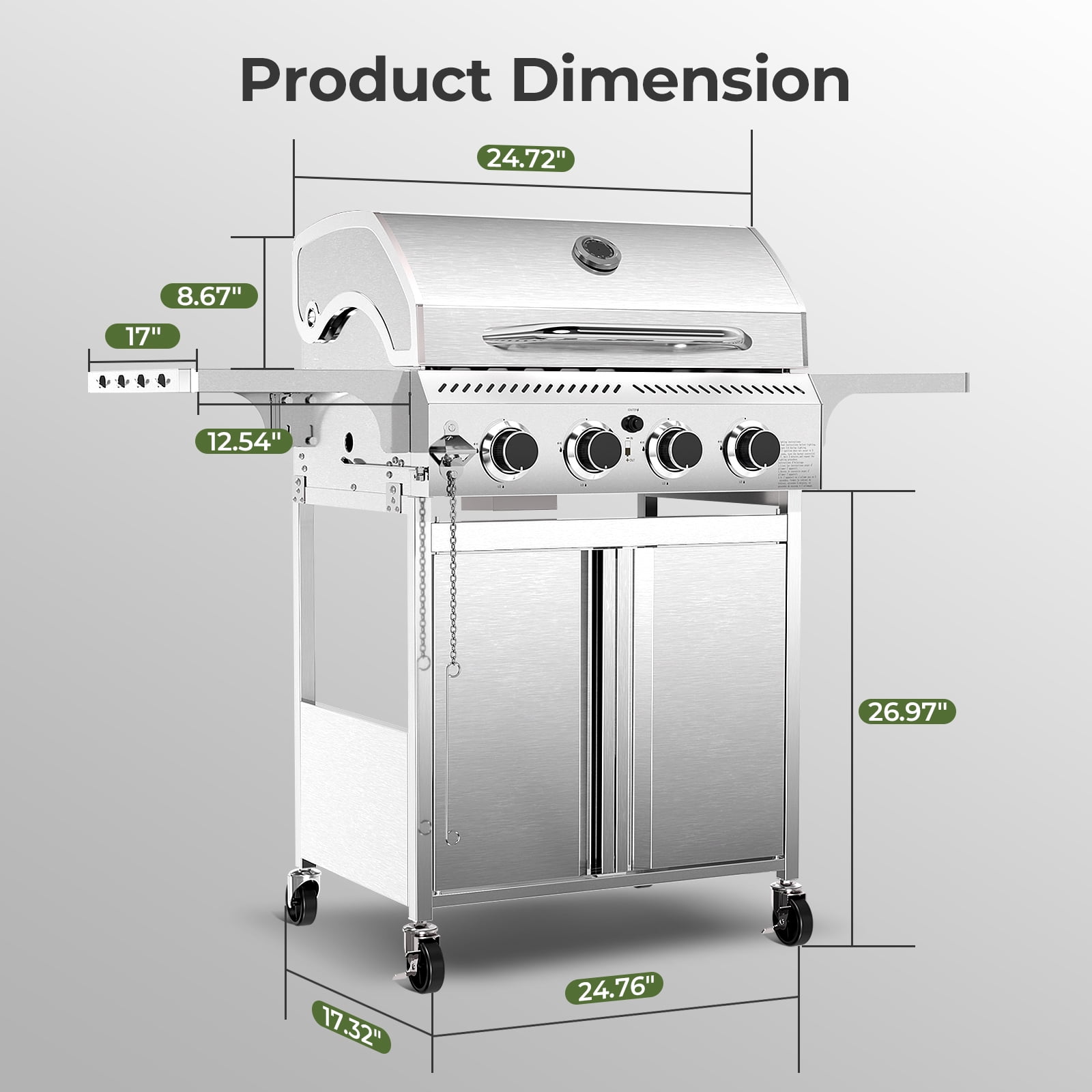 WAA 4-Burner BBQ Propane Gas Grill,32000 BTU Outside Stainless Steel Barbecue Propane Grill,Ideal for Outdoor Cooking Camping Park Balcony WAA