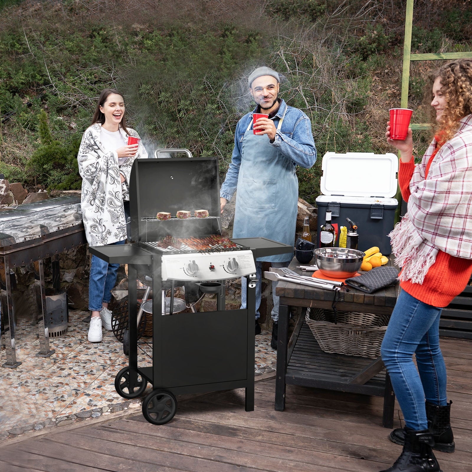 LHRIVER 2 Burner Gas Grill with Side Table, Portable Outdoor Barbecue Cooking BBQ, 20000BTU Gas Grills