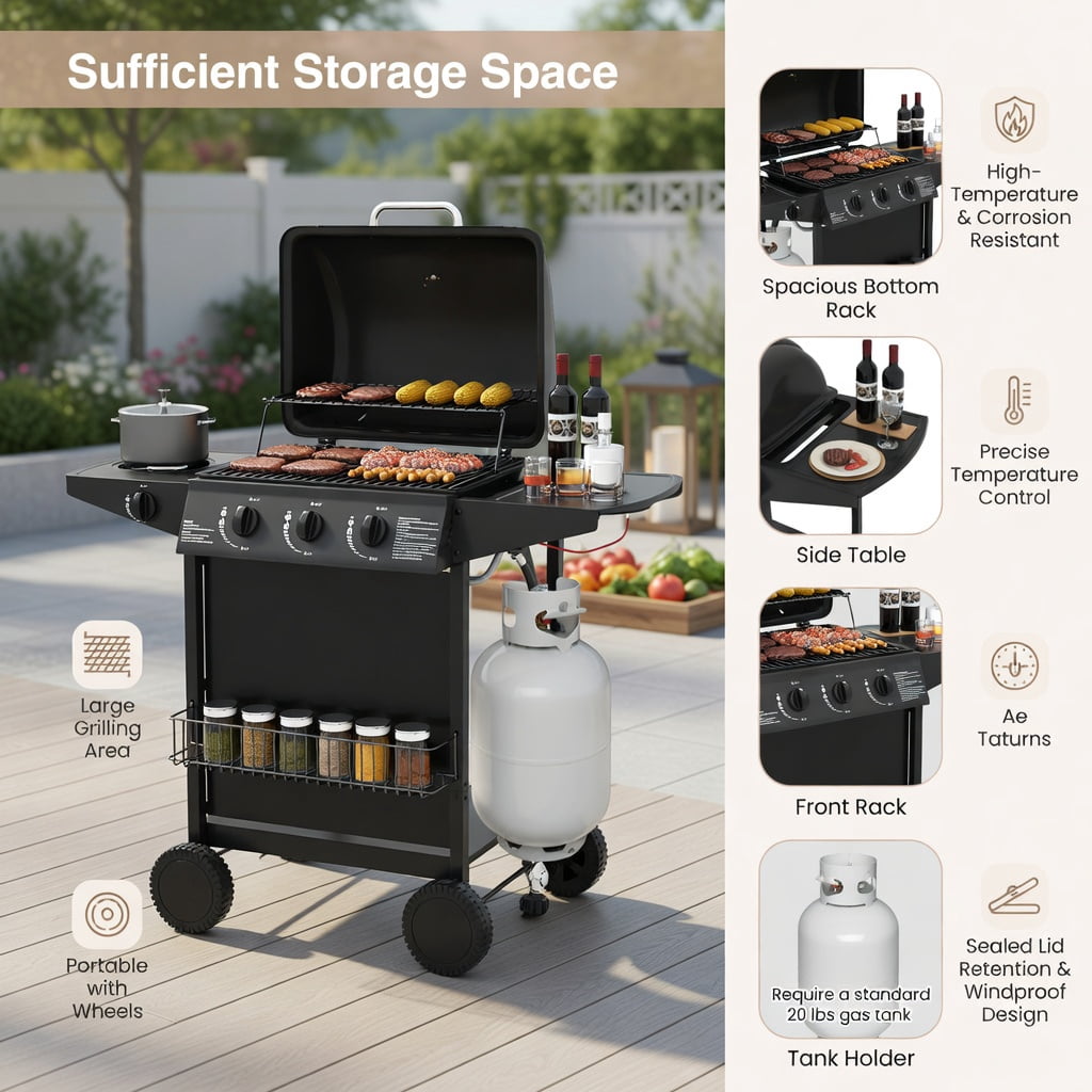 39,000 BTU Heavy-Duty Propane Gas Grill Wheels Black Stainless Steel Outdoor BBQ Grill for Patio & Backyard Kadyn