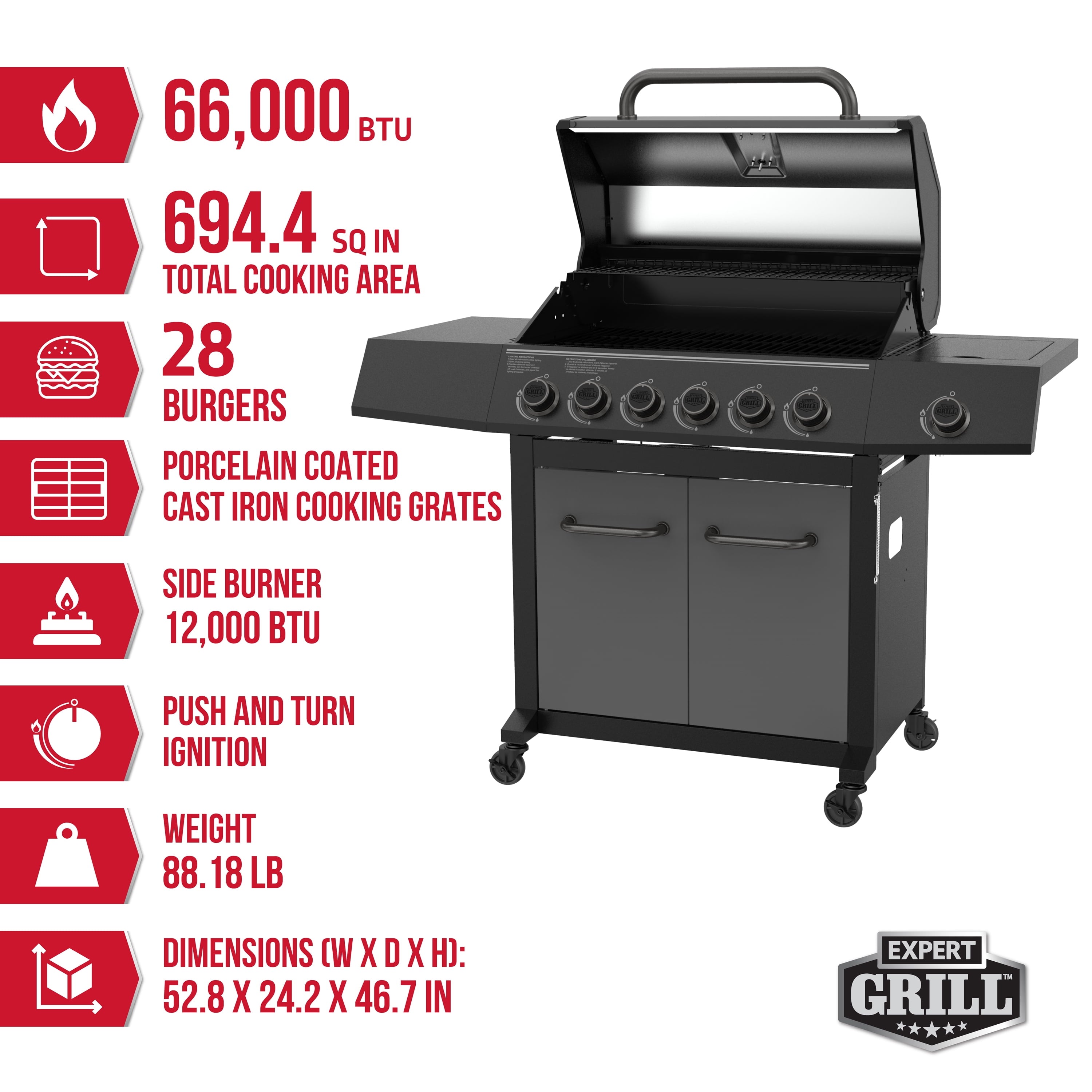 Expert Grill 6-Burner Propane Gas Grill with Side Burner and Side Table, Graphite Expert Grill