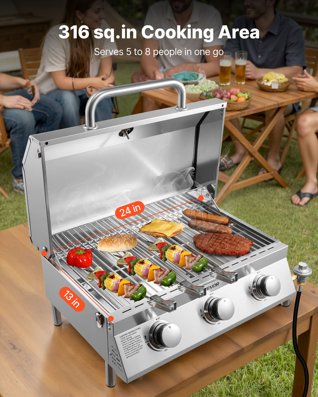 VEVOR Tabletop Gas Grill, 3-Burner Stainless Steel Portable Propane Grill, with Built-in Thermometer, Travel Locks, Weatherproof Lid, 22,500 BTU Total, for Outdoor Cooking,Patio,Party,Camping,RV VEVOR