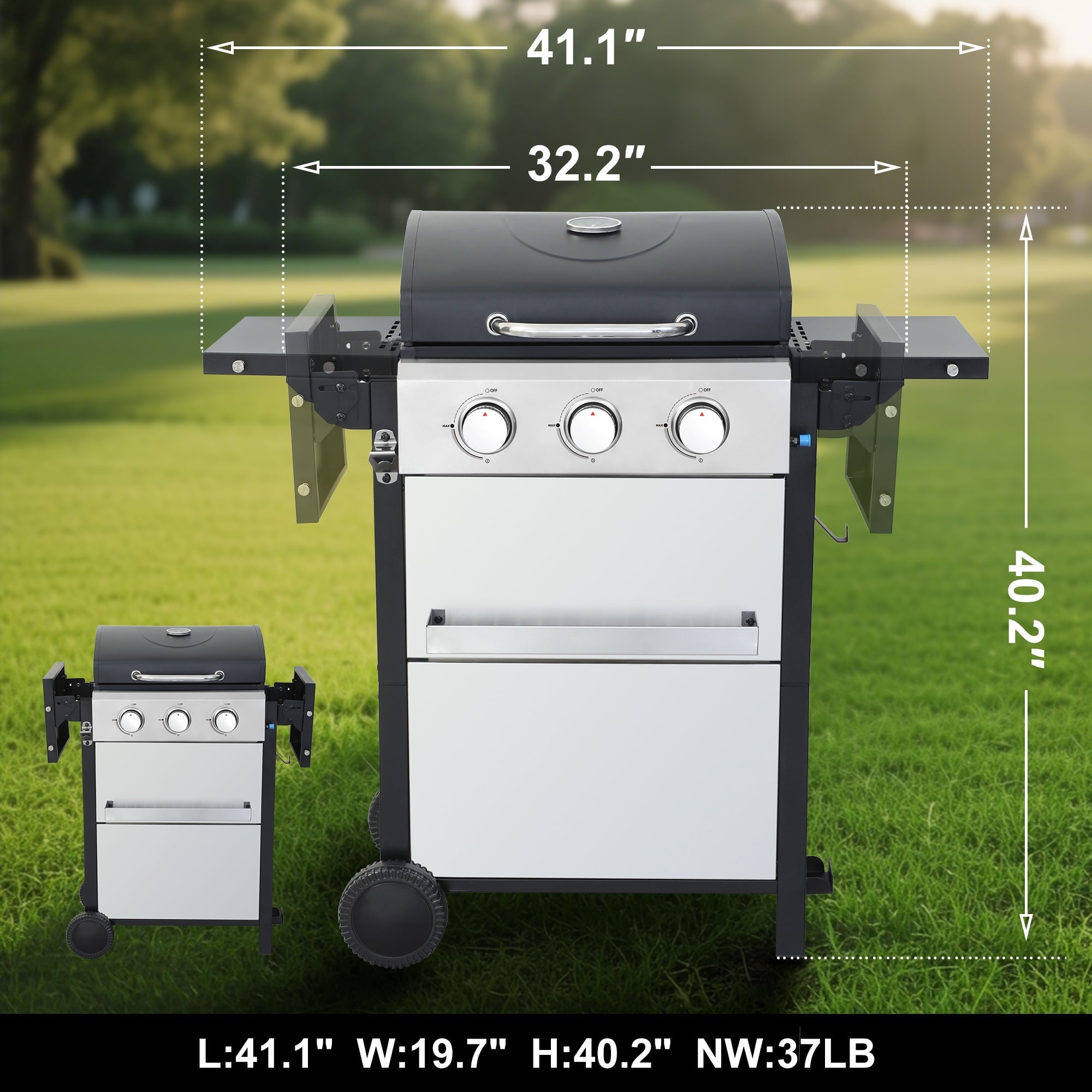 3-Burner Propane Gas Grill – 30,000 BTU Stainless Steel BBQ Grill with Porcelain-Enameled Cooking Grates, Pull-Out Grease Tray & Foldable Side Shelves, Even Heat Distribution Born Free