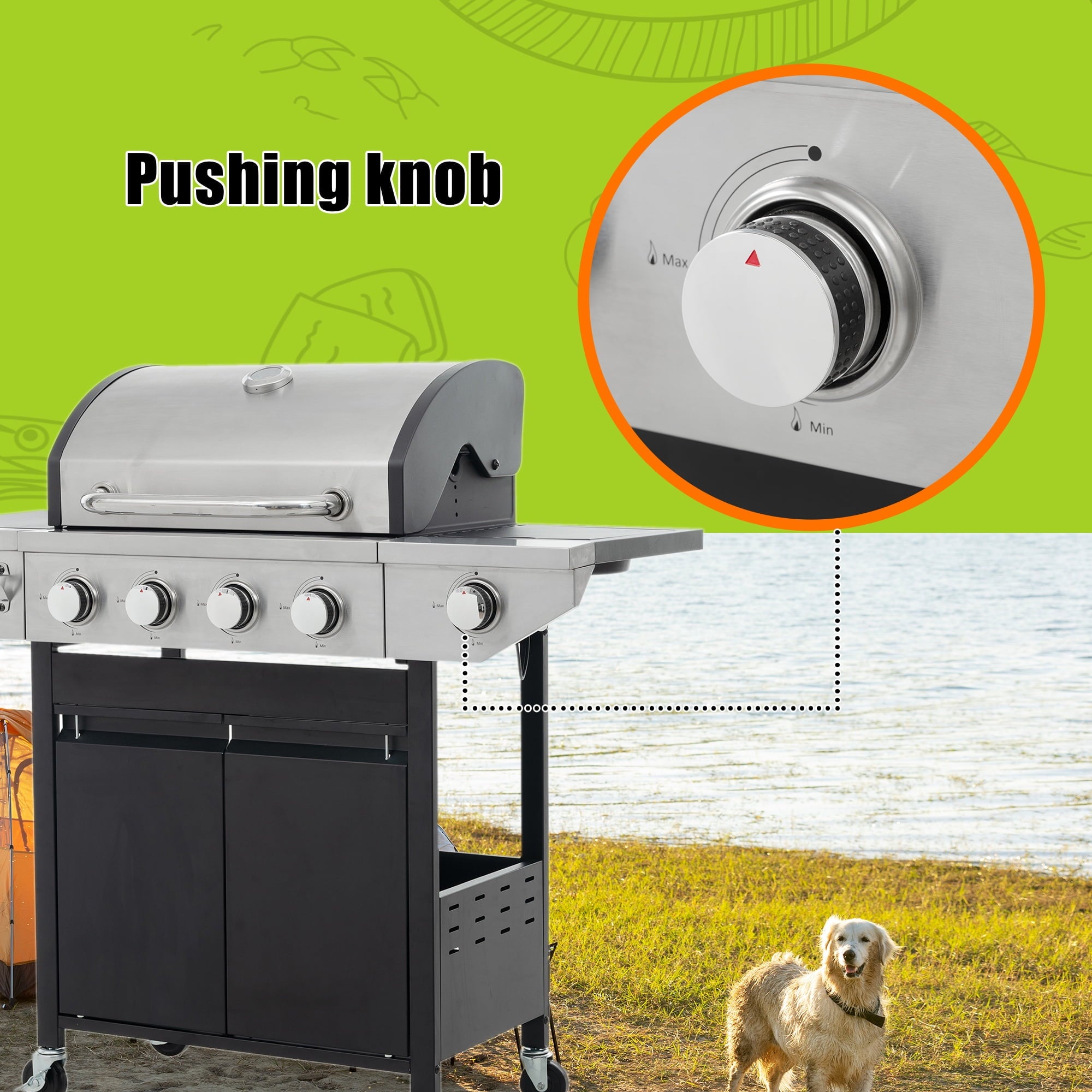 4 Burner Stainless Steel Gas Grill with Side Burner, 46,500 BTU Barbecue Propane Grill for Outdoor Patio Garden Camping, Black&Silver Gas Grills