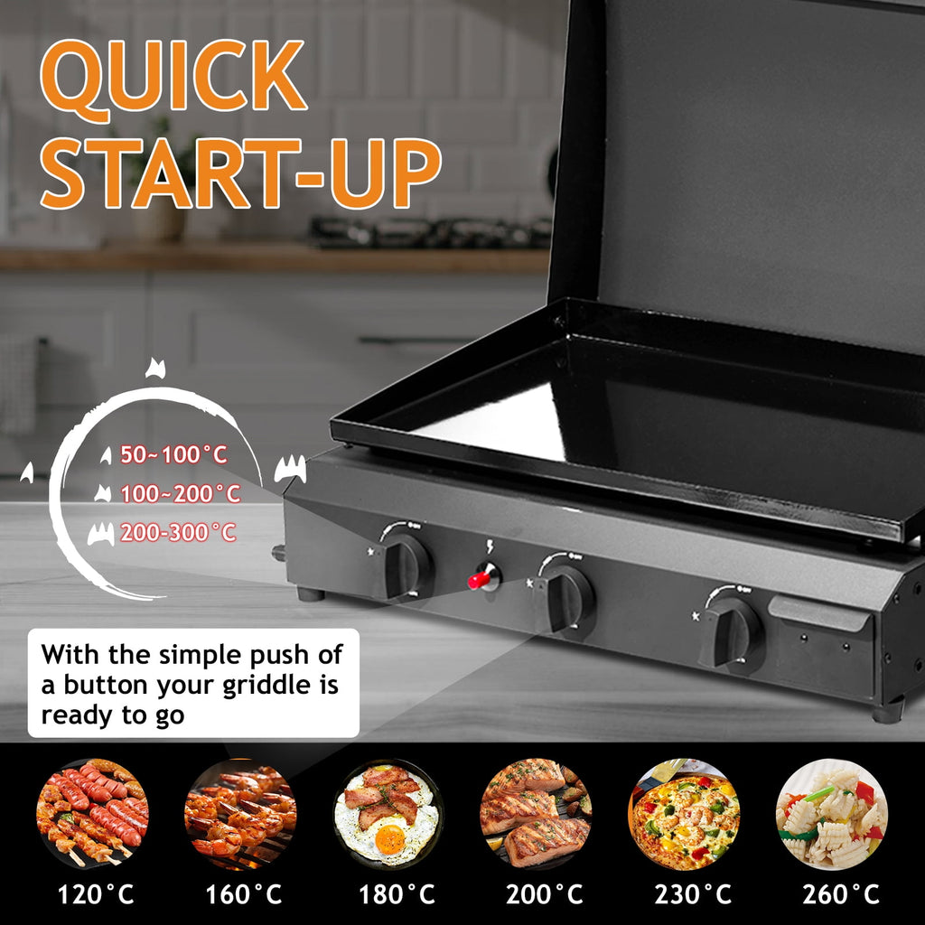 Portable 3-Burner Gas Griddle, 23'' Outdoor Propane Cooking Station, 30,000BTU Flat Top Griddle, Patio Camping BBQ Tabletop Grill with Ceramic Coated Cast Iron Pan Gas Grills
