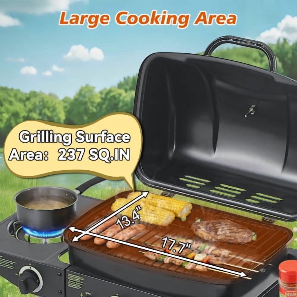 2 Burner Propane Gas Grill with Side Burner, 24000 BTU Outdoor BBQ Grill, Stainless Steel Enameled Grates, Side Tables, Wheels, 237 Sq. In. Cooking Area for Patio & Backyard Uhdpli