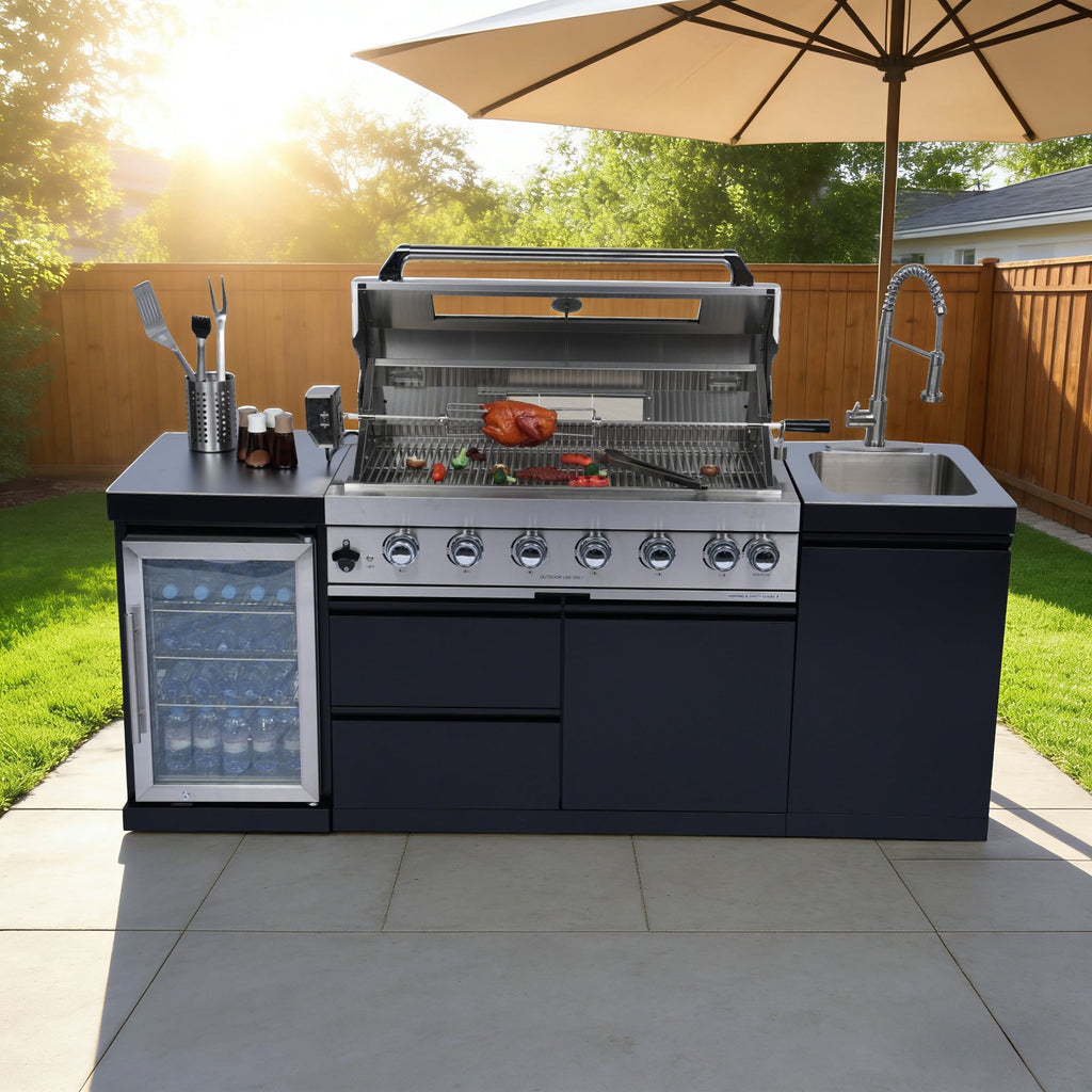 82Inch 6-Burner 85000 BTU Deluxe Stainless Steel Gas Outdoor Kitchen Bar Barbecue Island Grill  + Wine Cooler Compact Refrigerator + Rotisserie + Stainless Steel Countert + Storage Cabinets & Drawers My Store