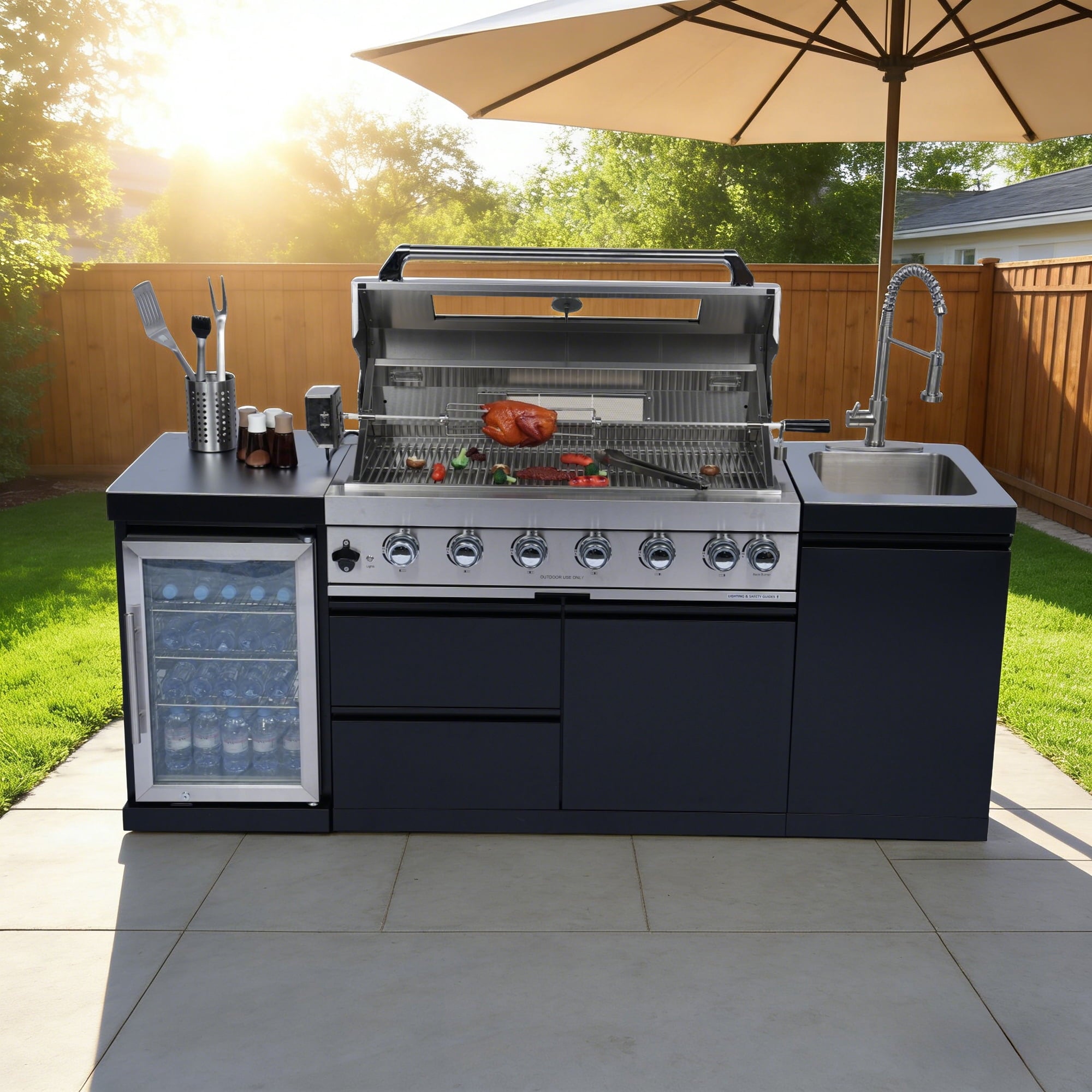82Inch 6-Burner 85000 BTU Deluxe Stainless Steel Gas Outdoor Kitchen Bar Barbecue Island Grill  + Wine Cooler Compact Refrigerator + Rotisserie + Stainless Steel Countert + Storage Cabinets & Drawers My Store
