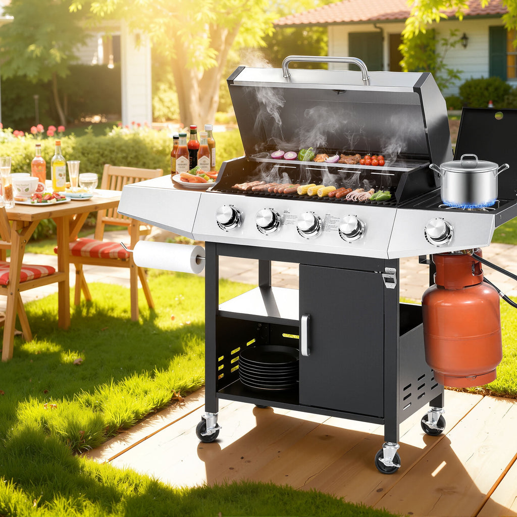Segmart 4 Burner BBQ Propane Gas Grill with Side Burner, Stainless Steel 50,000 BTU Patio Barbecue Grill with Shelf, Gas Tank Hook, Towel Rack & Bottle Opener, Fits for Camping, Outdoor Cooking Gas Grills