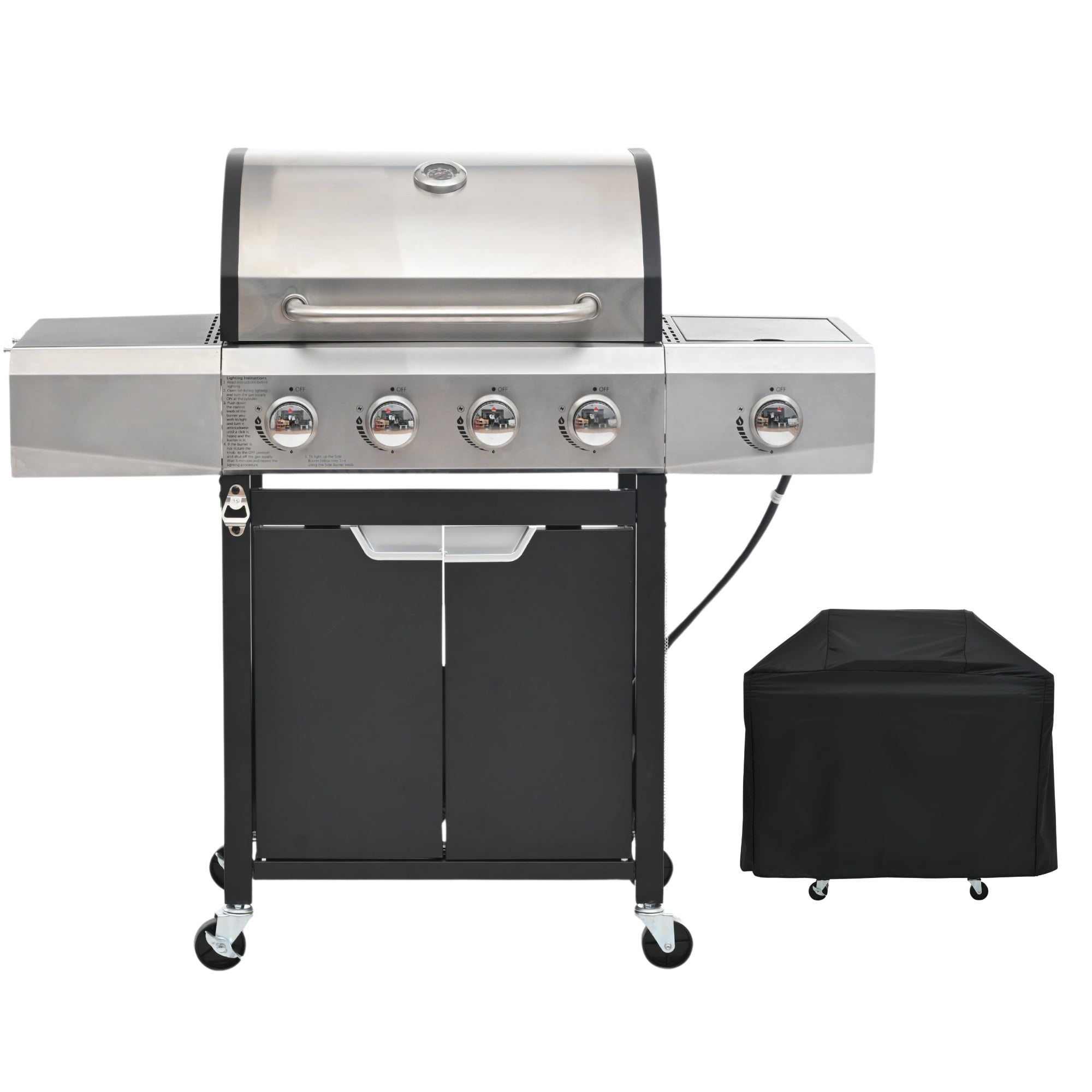 Gas Grill w/Side Burner, 40500BTU Propane Grill with Cover, Stainless Steel Outdoor BBQ 2 Cooking Areas, Portable Grill for Camping Patio Gas Grills