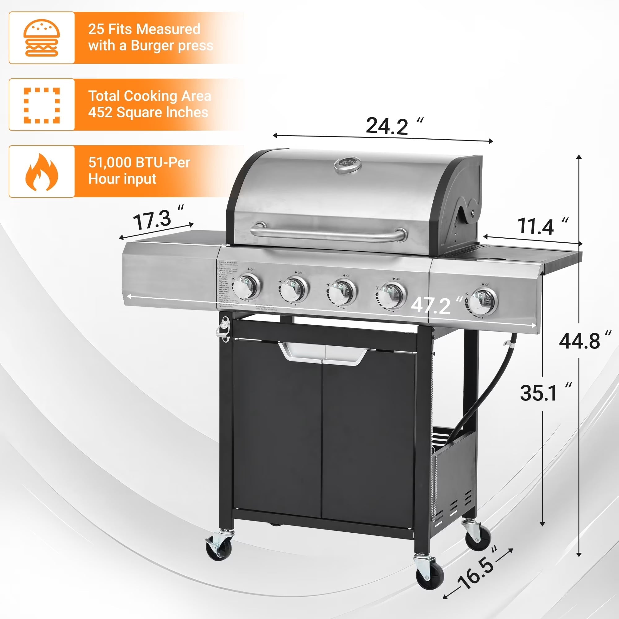 Highsound 4-Burner Propane Gas Grill with Side Burner, 51,000 BTU Outdoor Barbecue Grill, Stainless Steel BBQ Grill for Backyard Cooking, Black Gas Grills