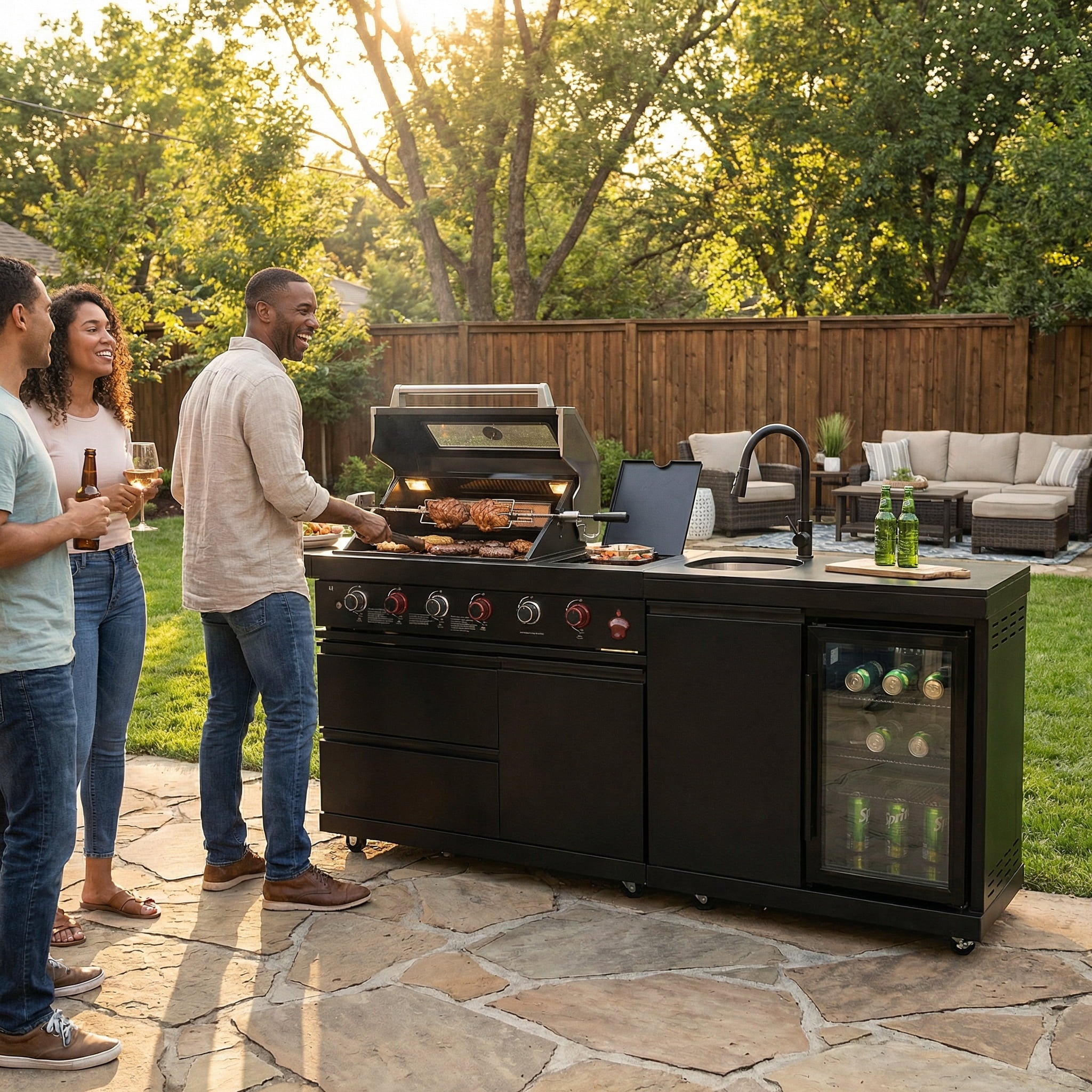 84 Deluxe Outdoor Kitchen Island with 6-Burner Gas Grill (75300 BTU), Premium SS304 Stainless Steel BBQ Station, Black Galaxy Granite Countertop, Dual-Zone Refrigerator, Sink, Rotisserie Kit & Cover HomeMindful