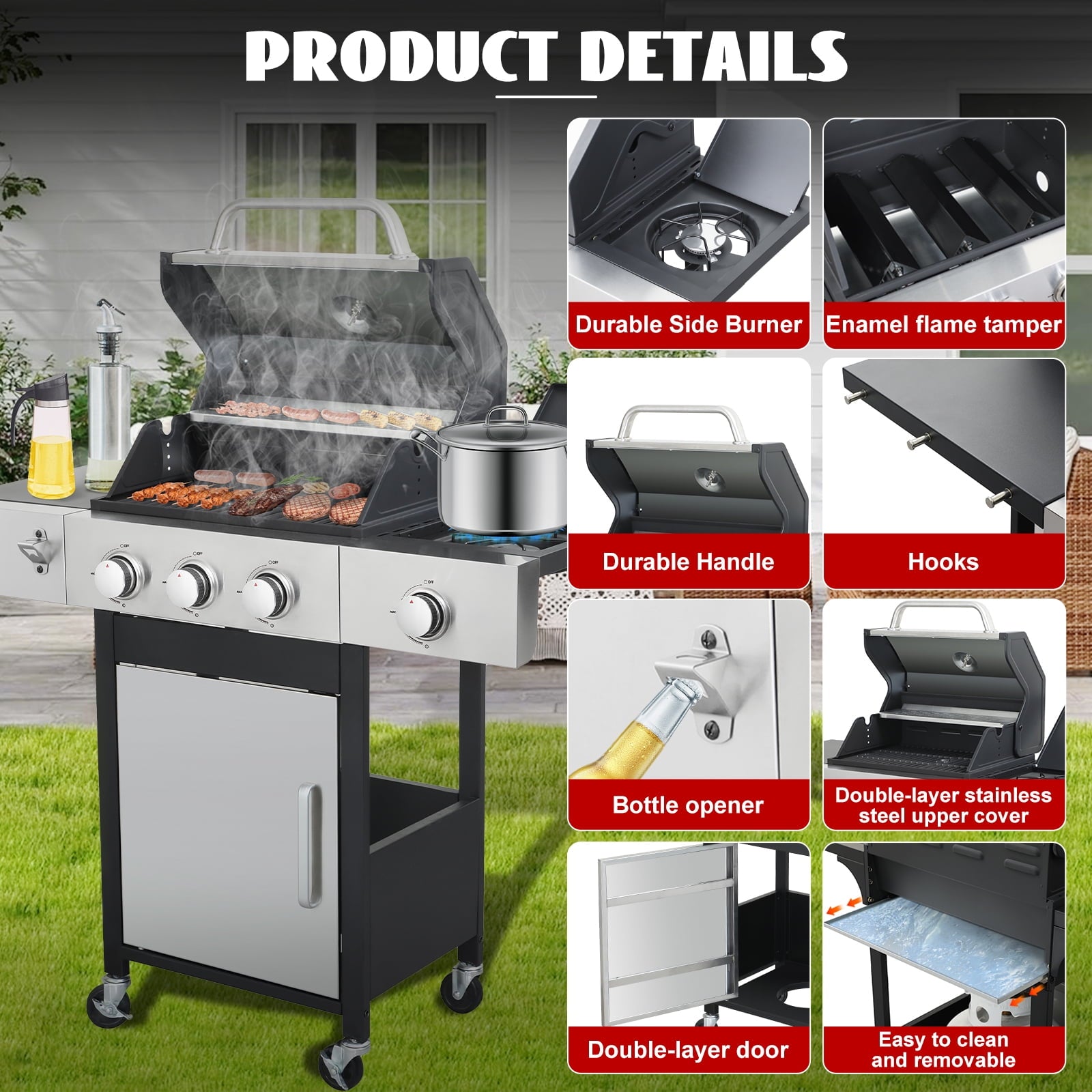 Nice Cooker 3-Burner Propane Gas Grill with Side Burner, Cast Iron Grates, Double Layer Lid Gas Grills