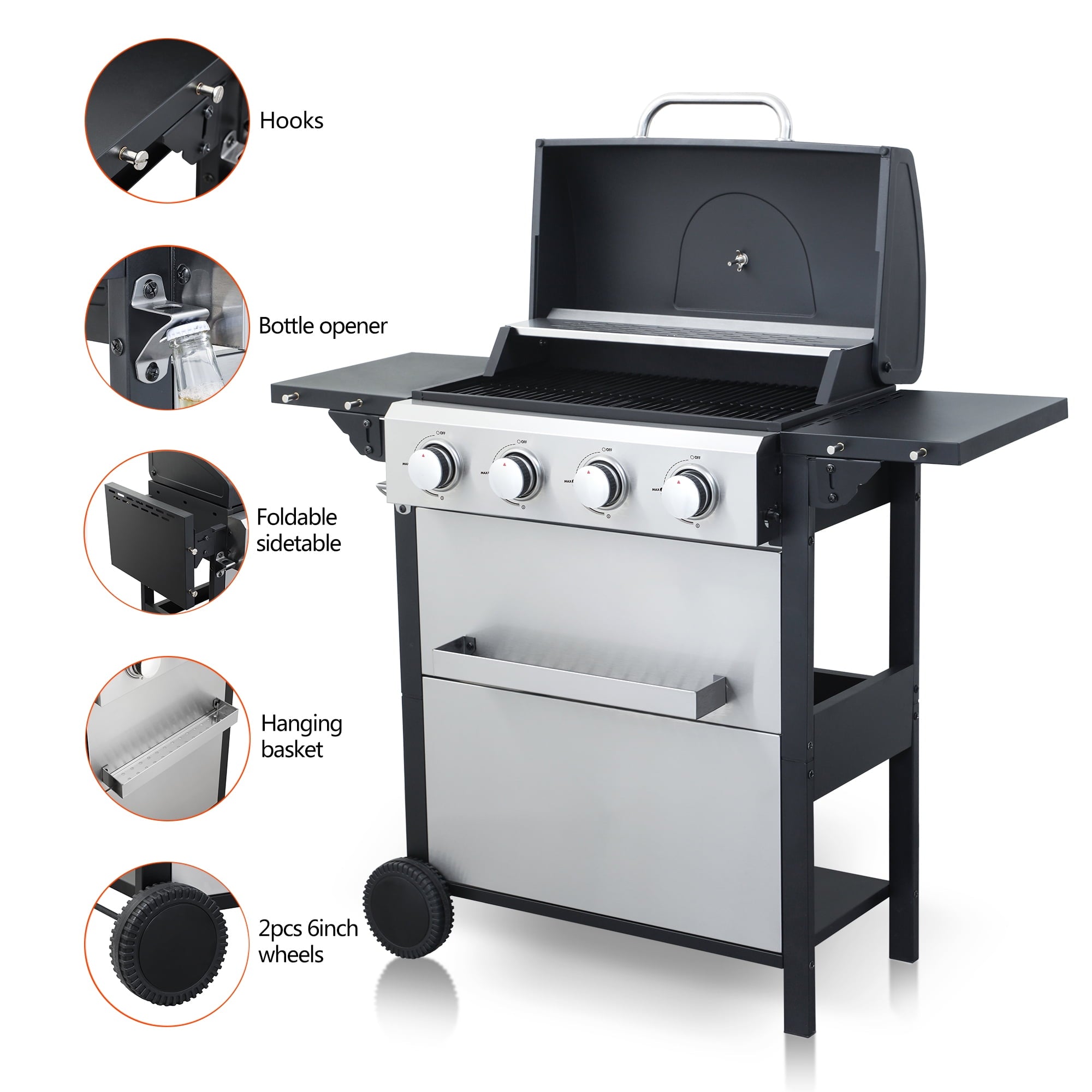 4-Burner Propane Gas BBQ Grill with 34200BTU Output, Stainless Steel, Foldable Side Table, Warming Rack, and Hanging Basket for Outdoor Barbecue JIOMIJIOMI