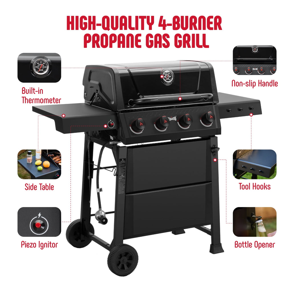 Feasto 4-Burner Propane Gas Grill, Outdoor Grill with 2 Side Tables and Porcelain-Enameled Grates, Black Gas Grills