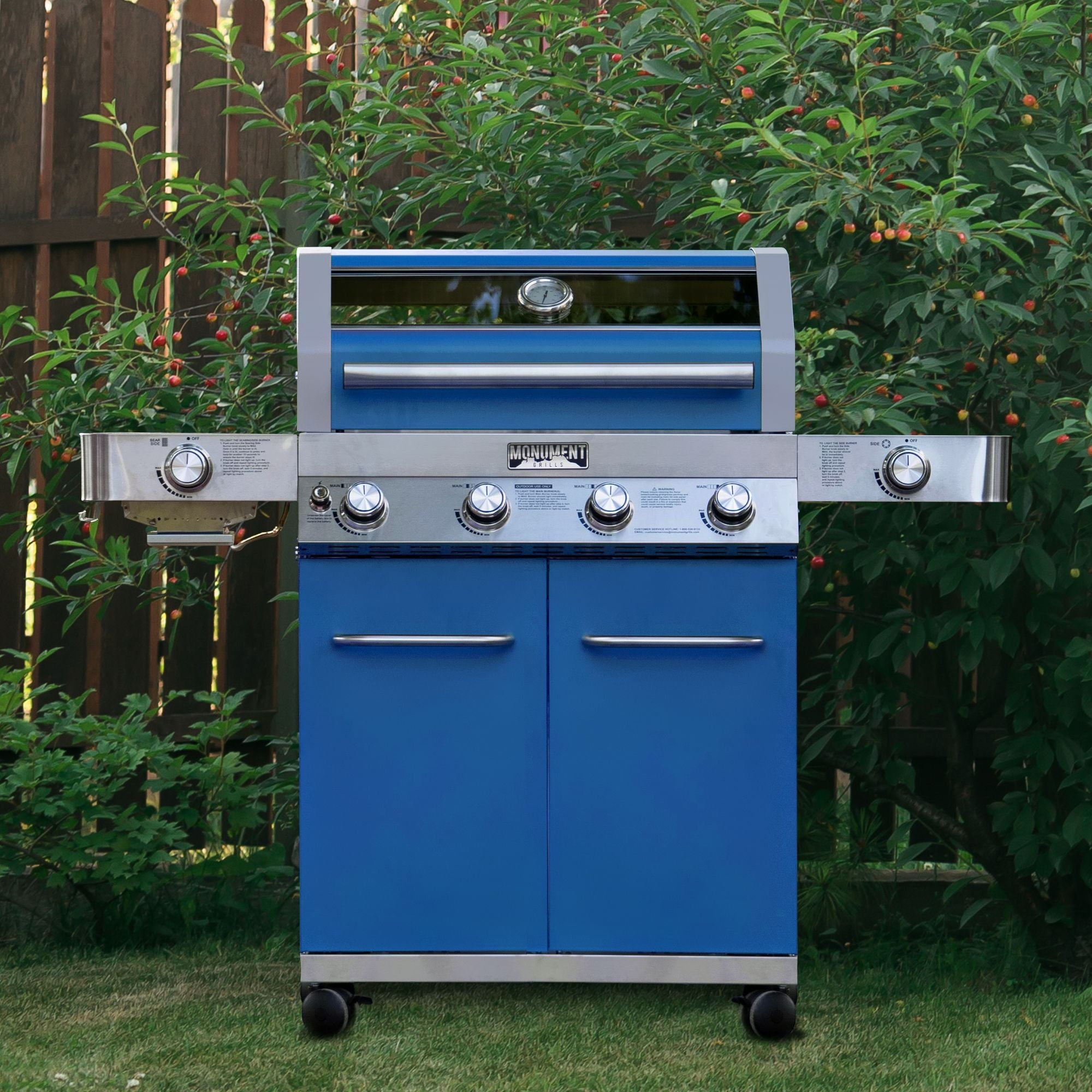 Monument Grills Stainless Steel 4 Burner Propane Gas Grill with Clearview? Lid, Infrared Side Sear Burner & Side Burner Gas Grills