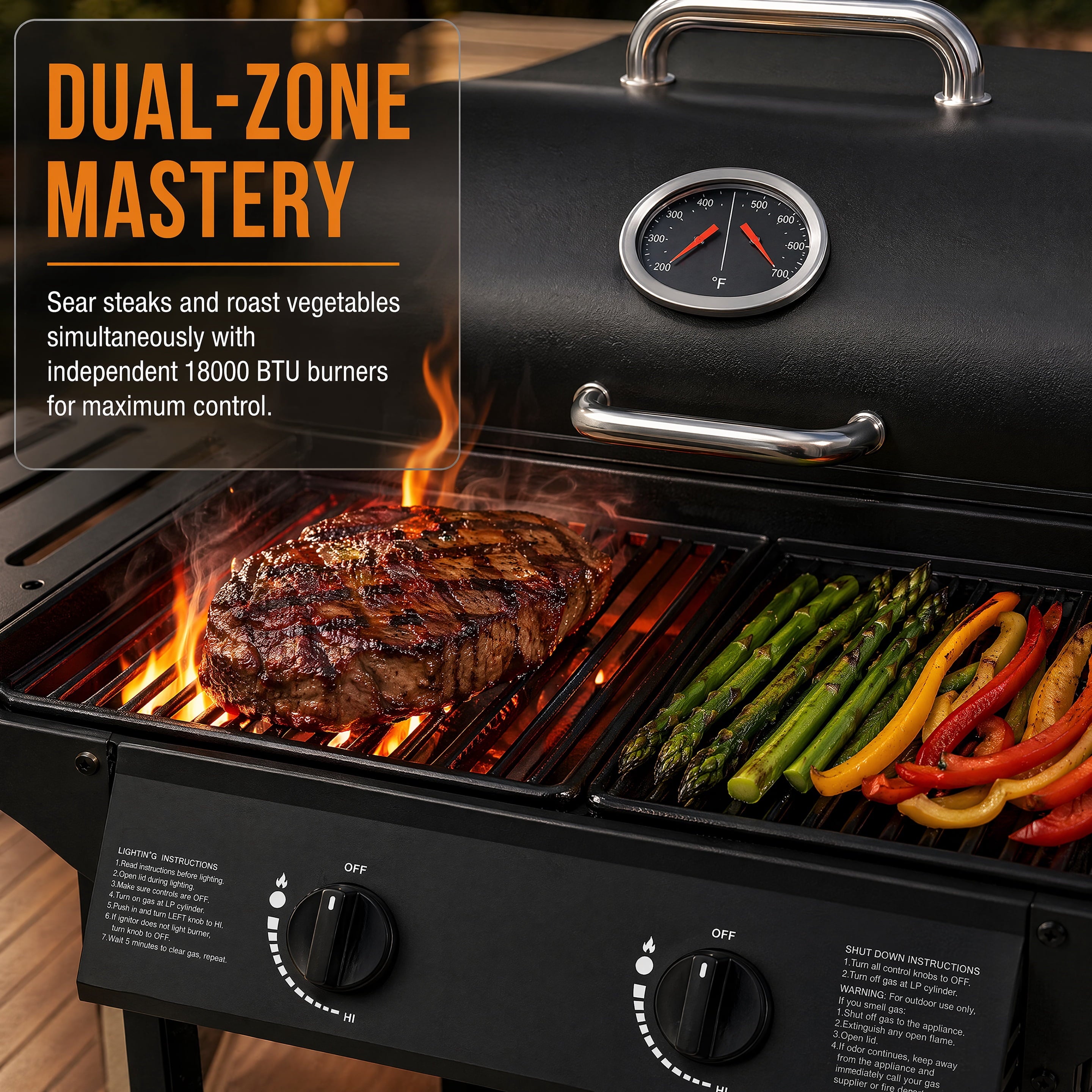 2 Burner 18000 BTU Propane Gas Grill Freestanding Outdoor BBQ Grill Dual?Zone Flat Top Grill with Warming Rack Side Tables for Backyard Patio Garden Family Outdoor Cooking Cozynest