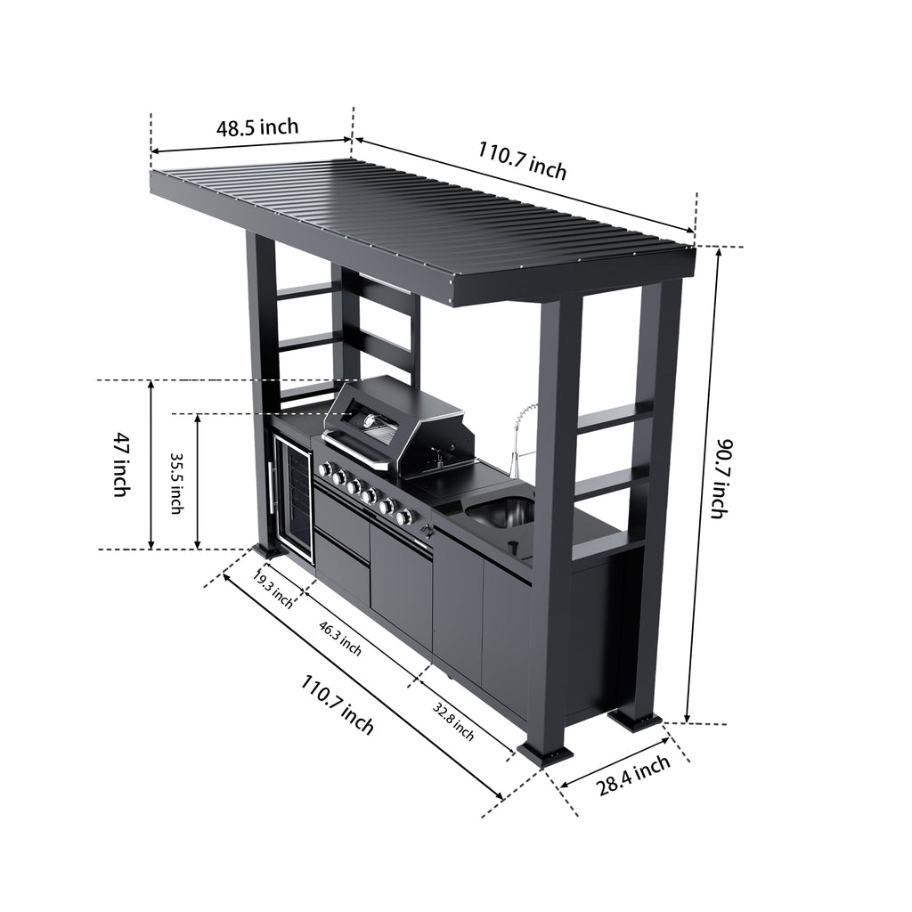 110-Inch 4-Burner 72,000 BTU Stainless Steel Outdoor Kitchen Island Grill with Wine Cooler Refrigerator, Rotisserie Kit, Granite Countertops, Storage Cabinets & Drawers Chery Industrial