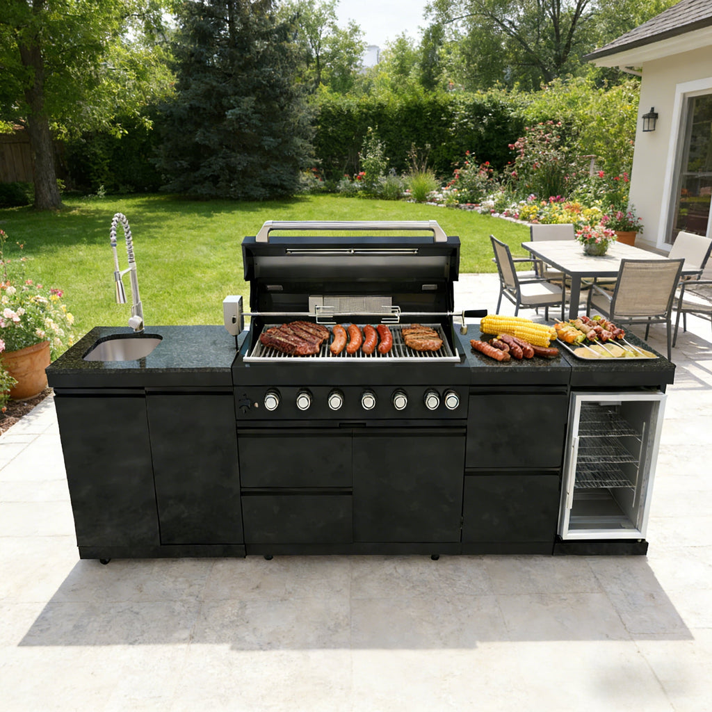 43-Inch 6-Burner 85000 BTU Deluxe Stainless Steel Gas Outdoor Kitchen Bar Barbecue Island Grill + Wine Cooler Compact Refrigerator + Rotisserie kit + Granite Countertops + Stainless steel Sink My Store