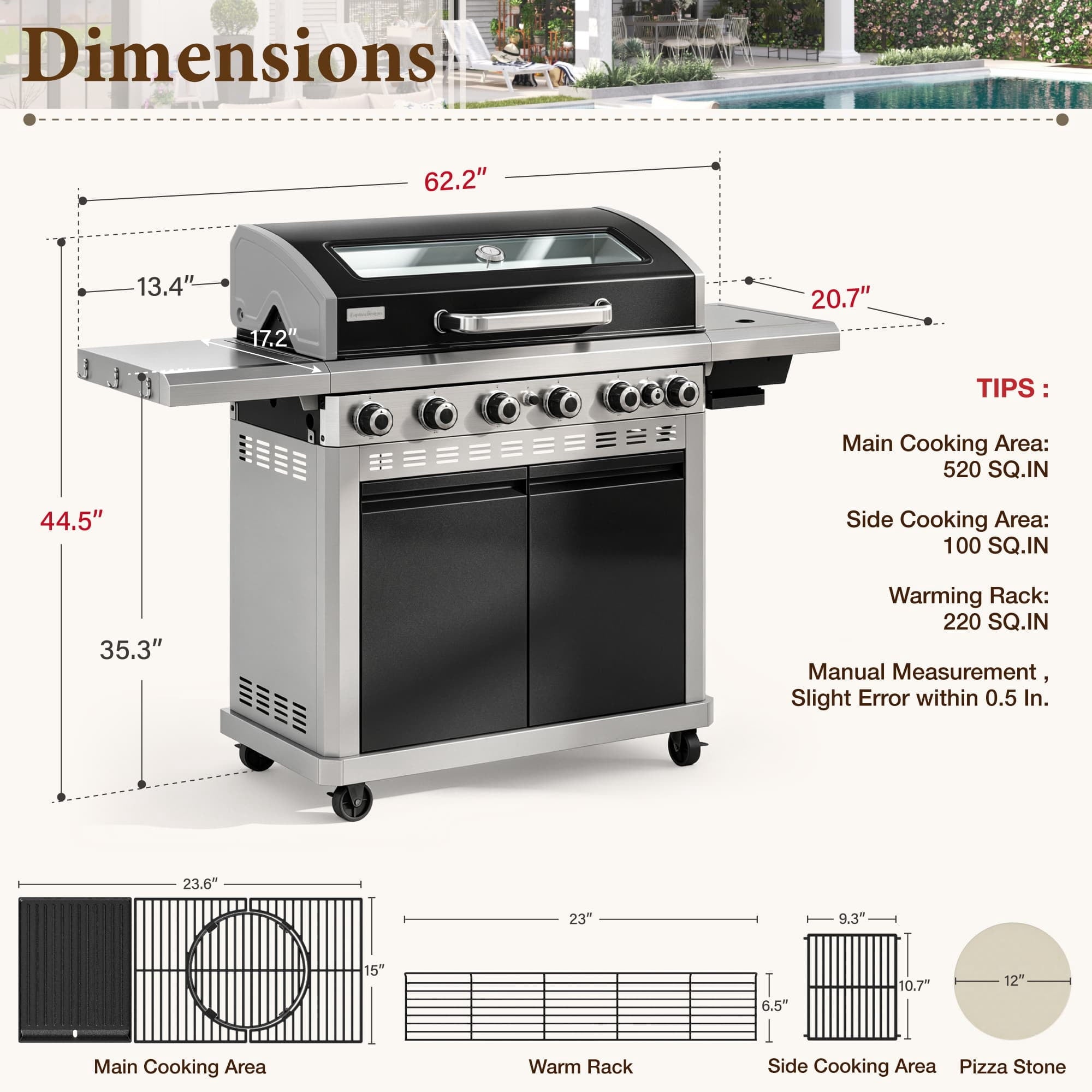 MF Studio 6 Burner Propane Gas Grill with Griddle Zone & 13500 BTU Infrared Side Burner – 840 sq.in Extra Large Cooking Area Outdoor BBQ Grill - Black Gas Grills