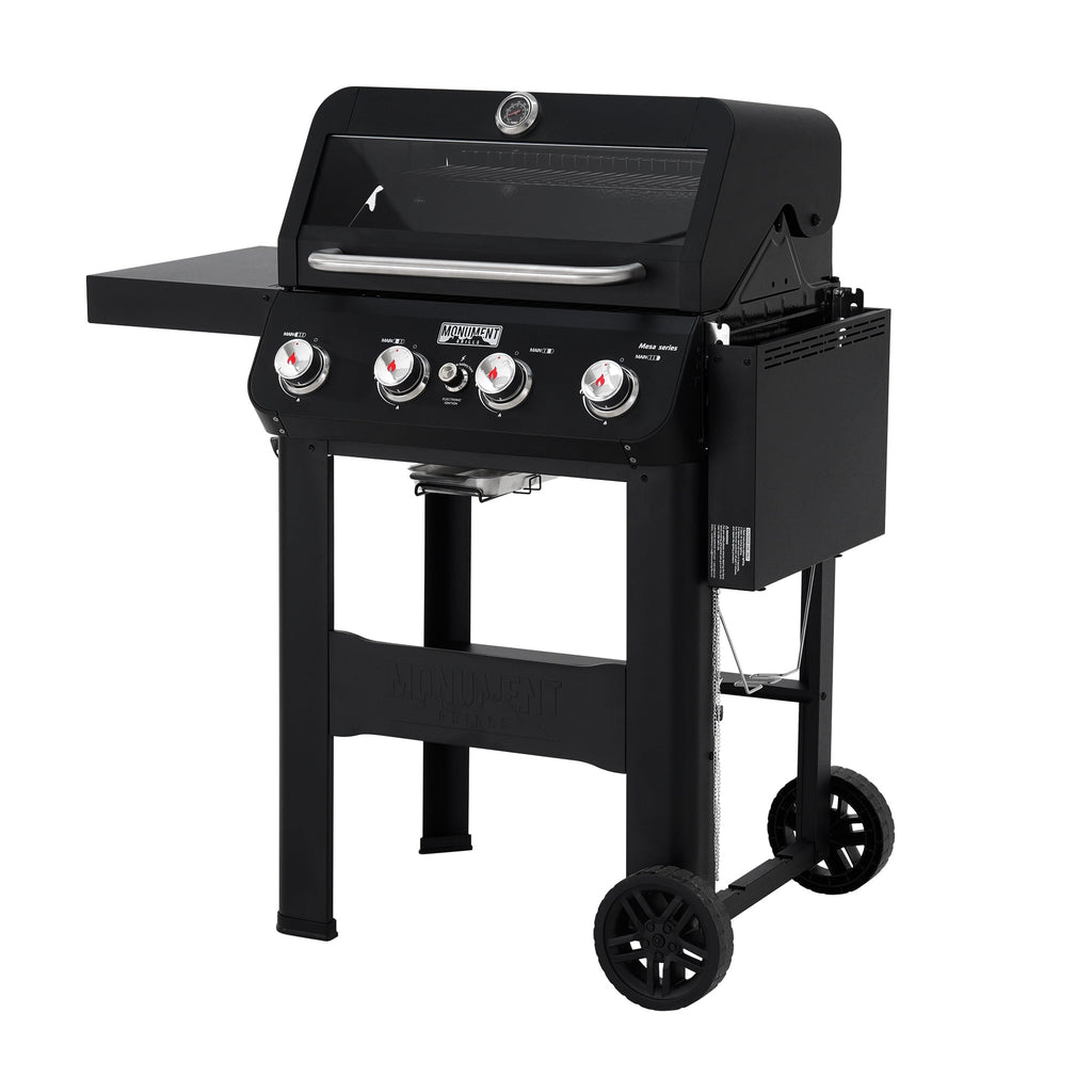 Monument Grills 4-Burner Liquid Propane Gas Grill, 38,000 BTU Stainless Steel Outdoor Barbecue Grill, Clearview Lid, Foldable Side Shelf, Easy Cleanup, M420MF Gas Grills