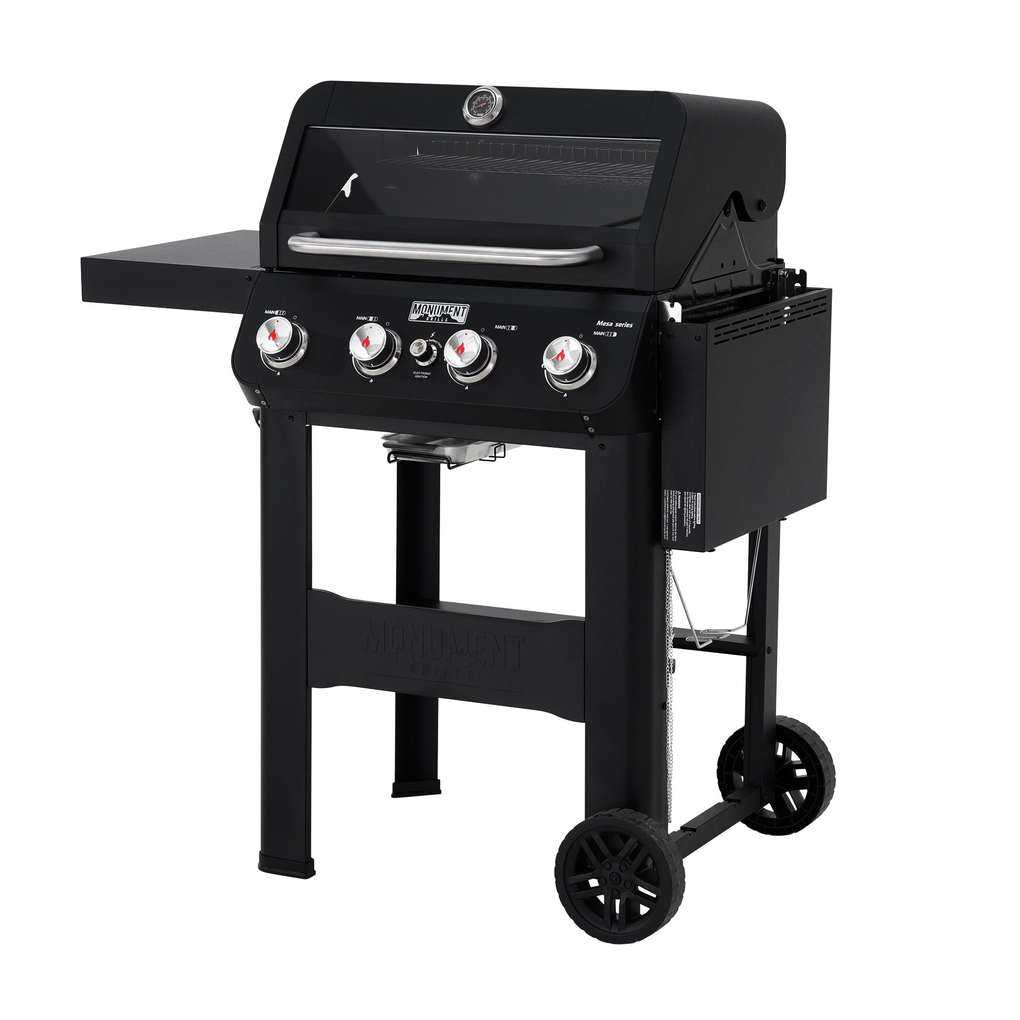 Monument Grills 4-Burner Liquid Propane Gas Grill, 38,000 BTU Stainless Steel Outdoor Barbecue Grill, Clearview Lid, Foldable Side Shelf, Easy Cleanup, M420MF Gas Grills