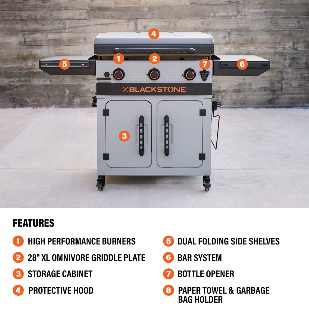 Blackstone Bronco Outdoor Griddle, 3-Burner 28 XL Propane Flat Top Grill with Side Shelves and Cabinet, Gray Blackstone