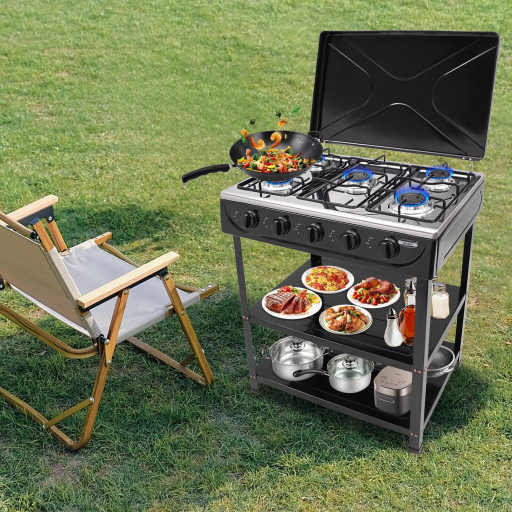 5-Burner Gas Stove Outdoor Camping Cooking BBQ Grill with 2-Tier Storage Rack Unbranded