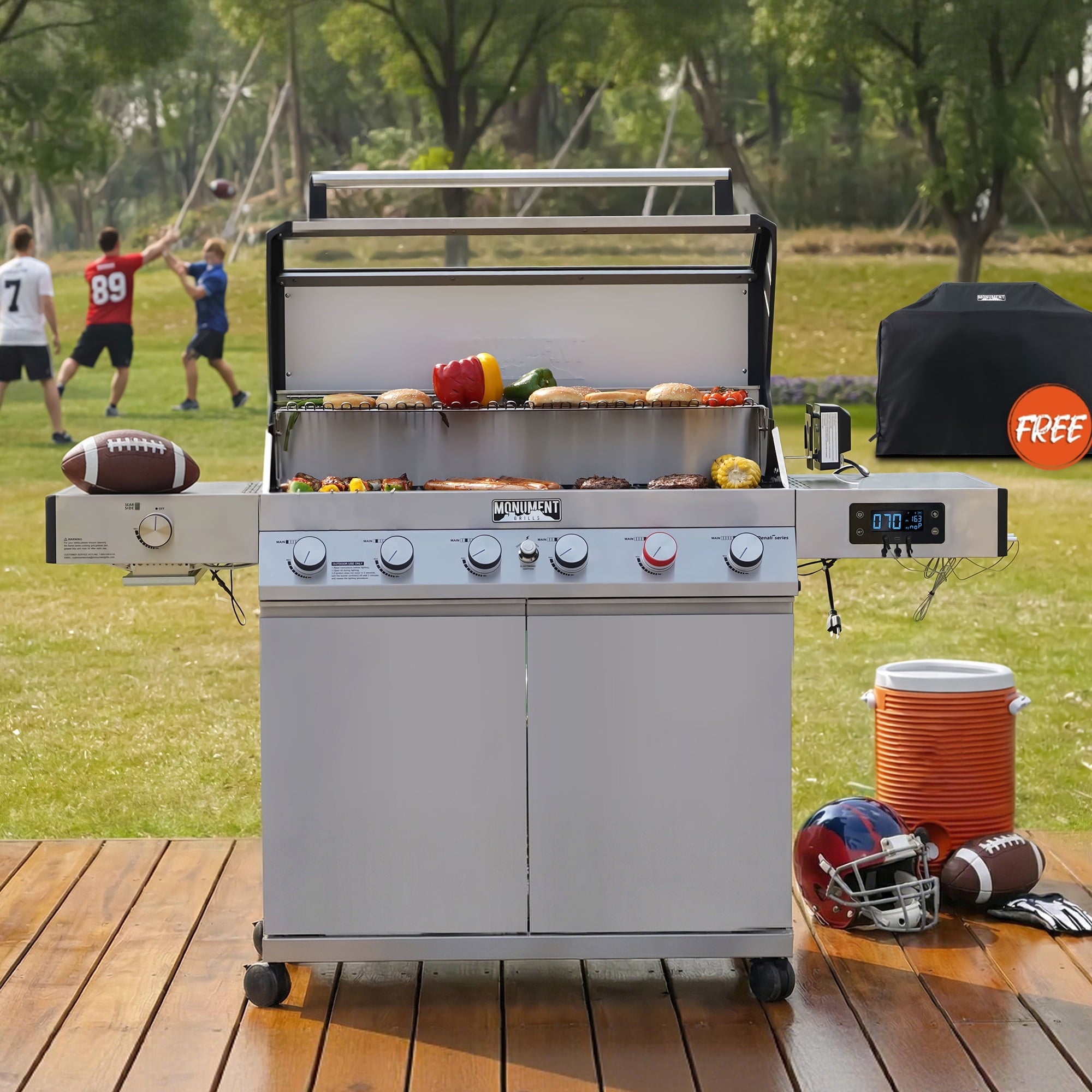 Monument Grills 6+1 Burner Smart Tech Propane Gas Grill for Outdoor Cooking , Denali 605Pro Stainless Steel Grill 78,000 BTU with Side Sear Burner, Smoker Box, Cover and Rotisserie Kit My Store