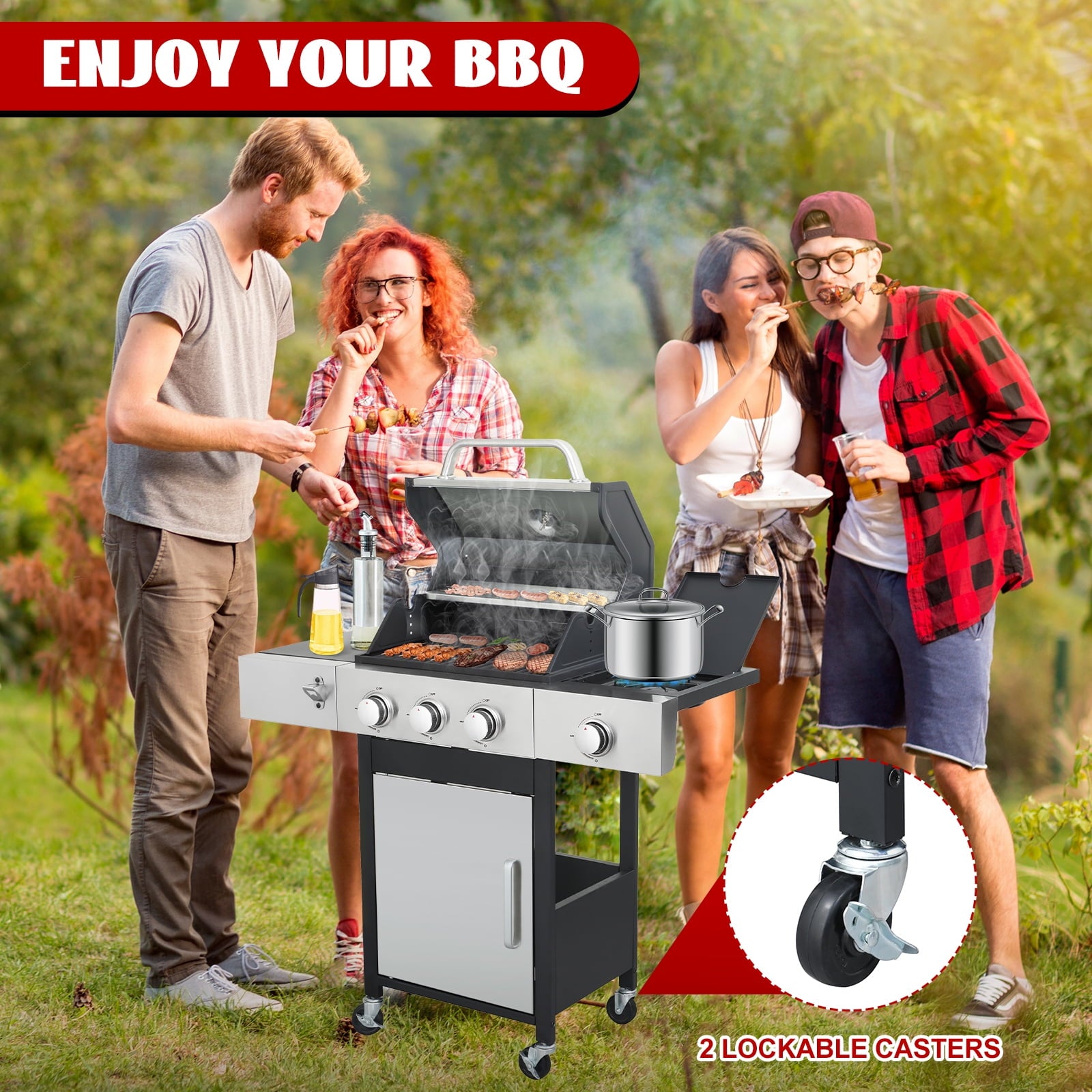 Nice Cooker 3-Burner Propane Gas Grill with Side Burner, Cast Iron Grates, Double Layer Lid Gas Grills