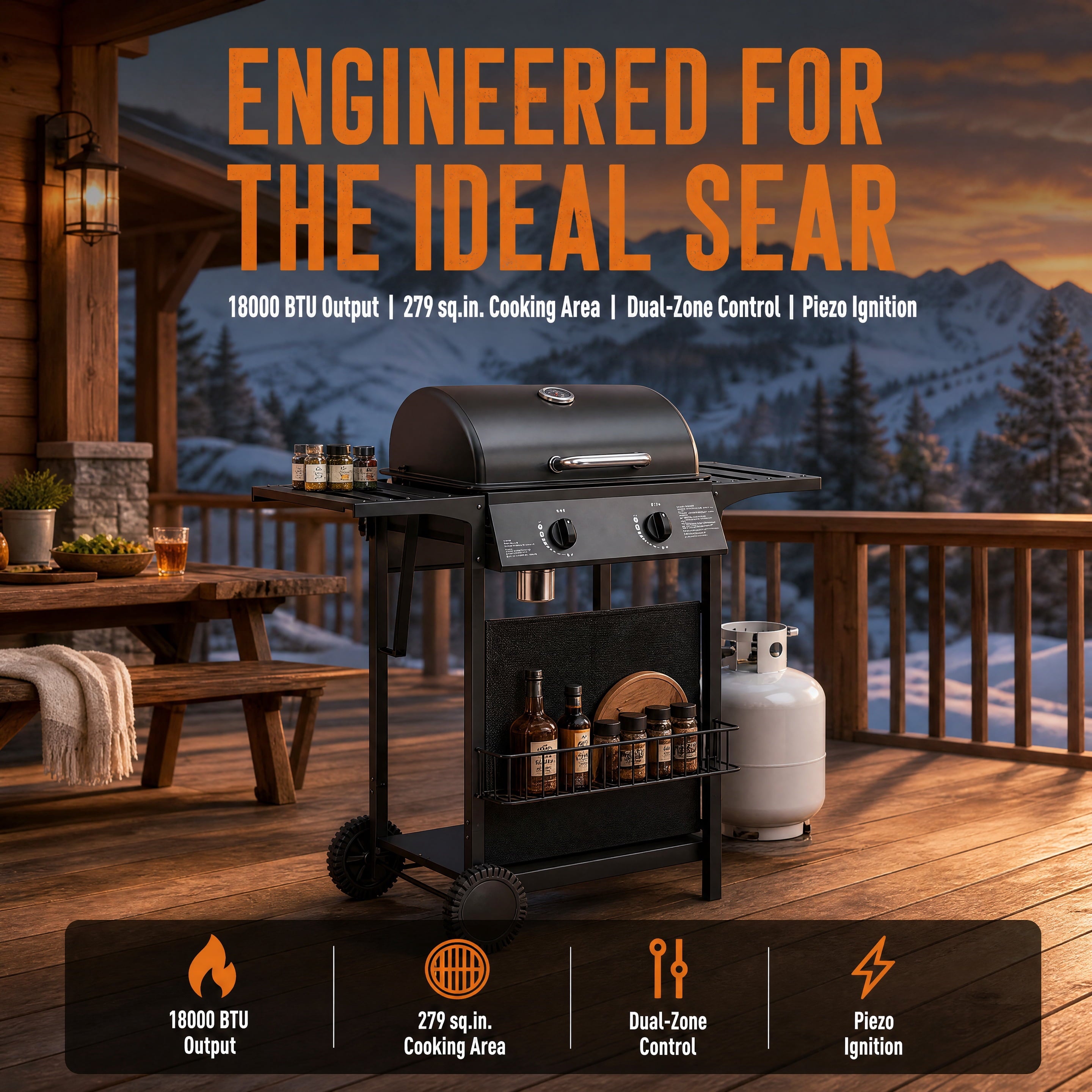 2 Burner 18000 BTU Propane Gas Grill Freestanding Outdoor BBQ Grill Dual?Zone Flat Top Grill with Warming Rack Side Tables for Backyard Patio Garden Family Outdoor Cooking Cozynest