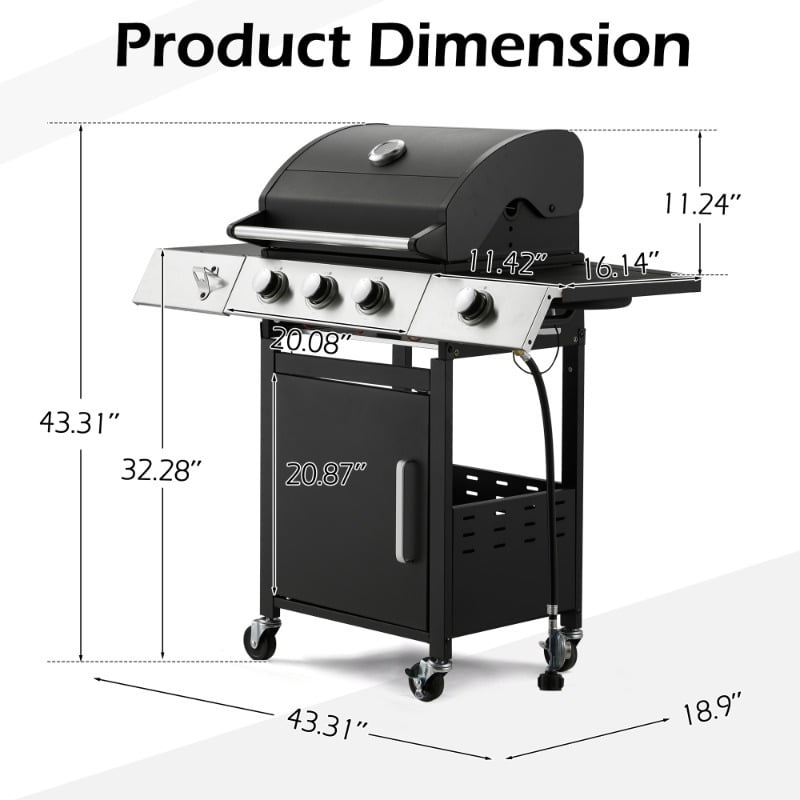 43.3x43.3 Large Cooking Area 3-Burner Grill - Side Burner, Cast Iron Grates, 36, 000 BTU Output, Lockable Wheels, Black Camping Grill for Outdoor Barbeque U-HOMY
