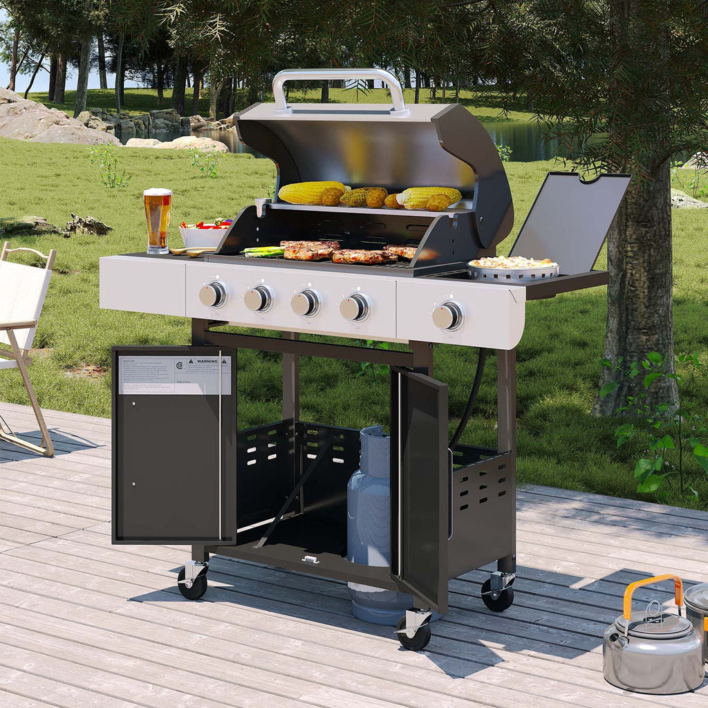 Clouddwell 4 Burner Gas Propane Grill, with 4 Casters, Side Table, and Thermometer, Patio Garden BBQ Grill Perfect for Camping, Black and Silver Gas Grills