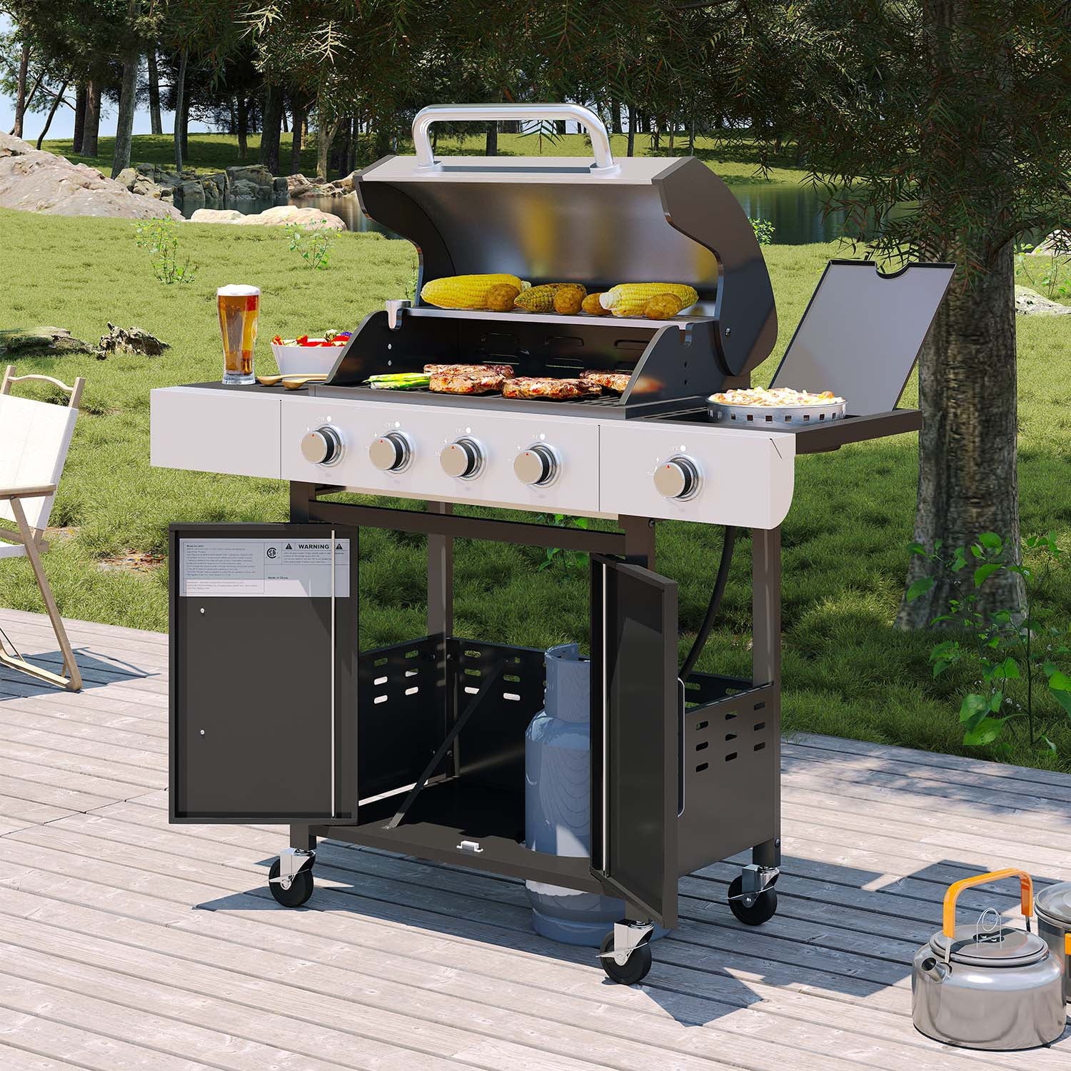 Clouddwell 4 Burner Gas Propane Grill, with 4 Casters, Side Table, and Thermometer, Patio Garden BBQ Grill Perfect for Camping, Black and Silver Gas Grills
