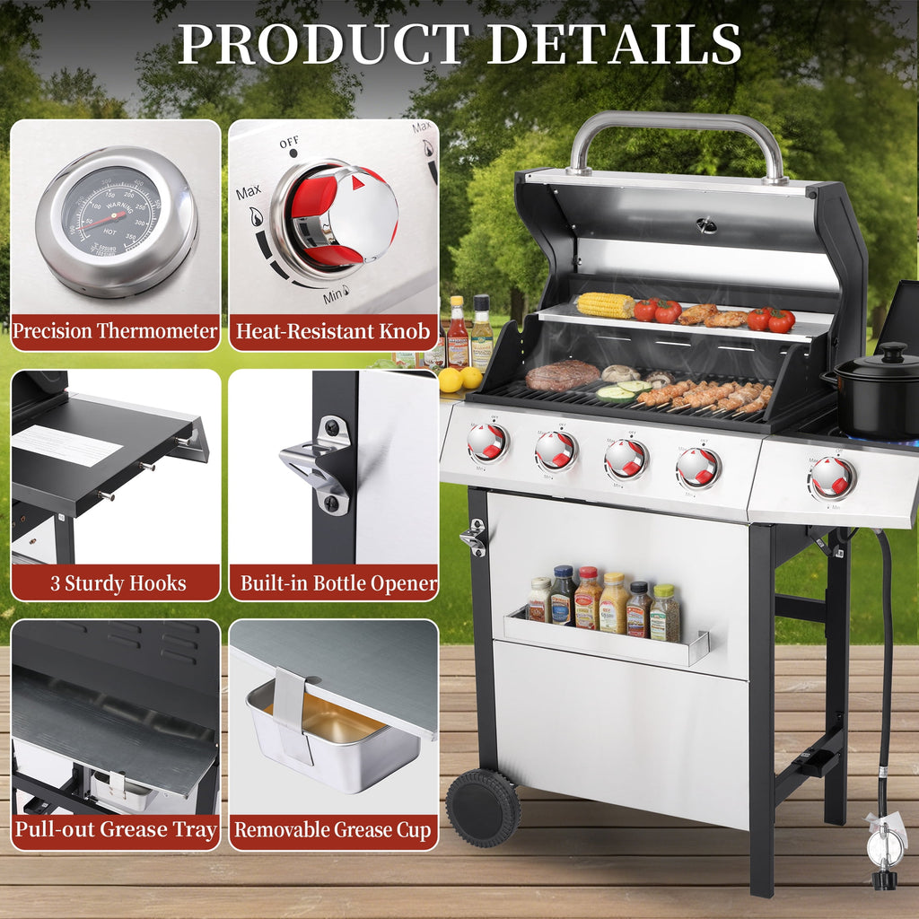 CIG GARDEN 4 Burner Gas Grill Combo with Side Burner, 3 in 1 Gas BBQ Grill with Charcoal Grill and Griddle, 52,000 Outdoor Barbecue Grill CIG GARDEN