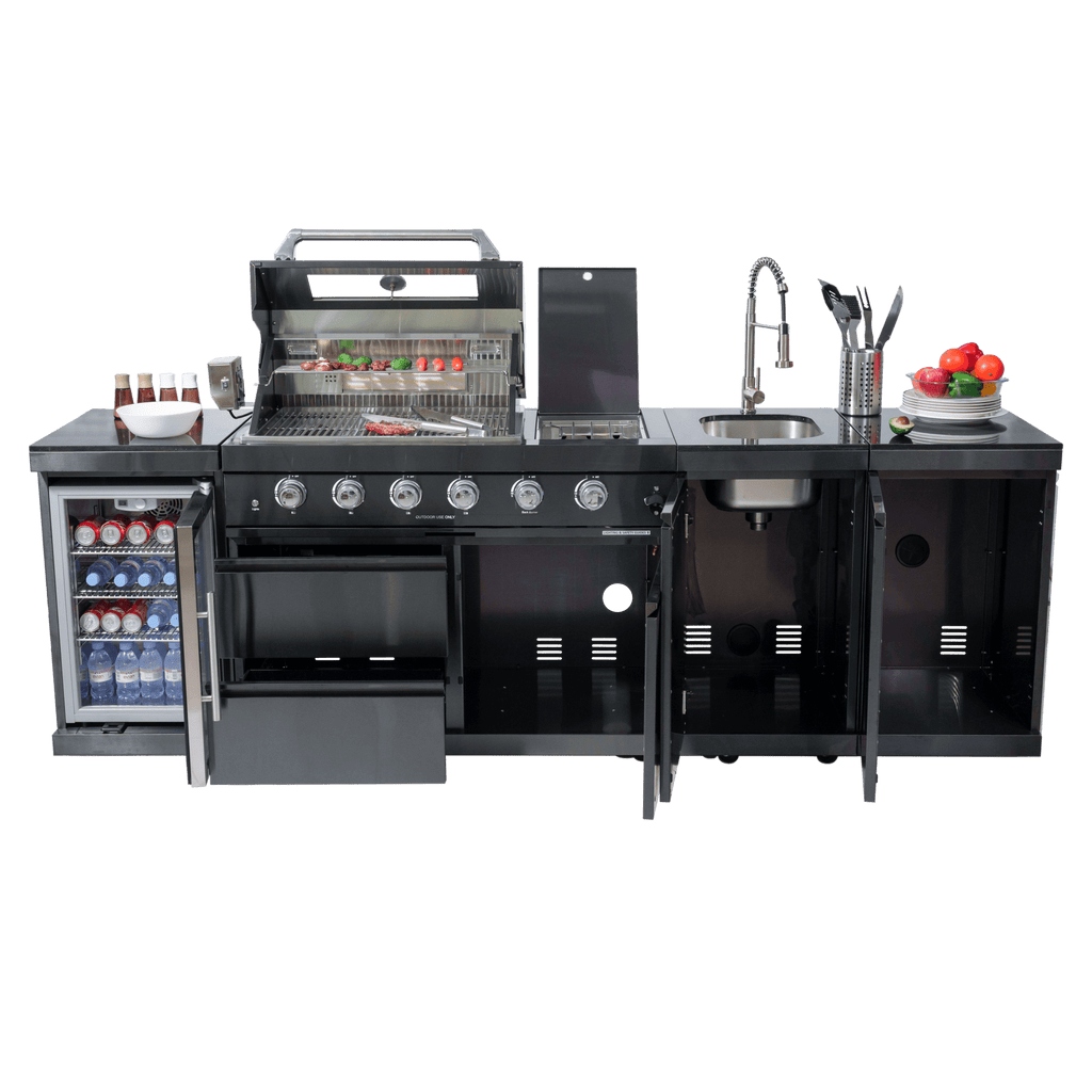 AirWire 104 Deluxe Outdoor Kitchen Island: 4-Burner 85,000 BTU 304 Stainless Steel Gas Grill with Sink, Wine Cooler Refrigerator, Granite Countertop & Rotisserie Kit HomeMindful