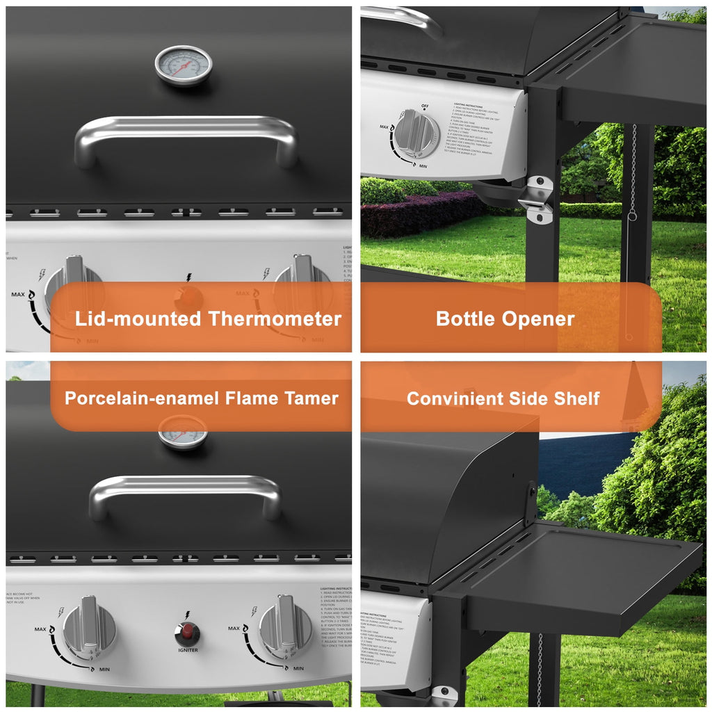 LHRIVER 2 Burner Gas Grill with Side Table, Portable Outdoor Barbecue Cooking BBQ, 20000BTU Gas Grills