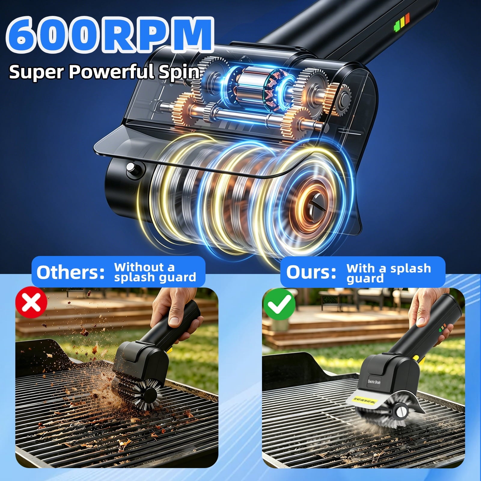 West Bay Electric Grill Brush for Outdoor Grill,600 RPM Cordless BBQ Grill Cleaner,Safe for Porcelain Cast Iron Stainless Steel,Type-C Rechargeable West Bay