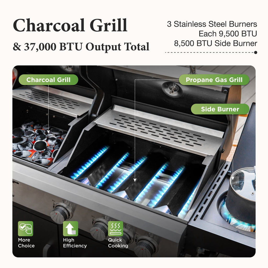 MF Studio Gas and Charcoal Grill Combo Dual Fuel 3-burner 37,000 BUT BBQ Grill with Side Burner MF Studio