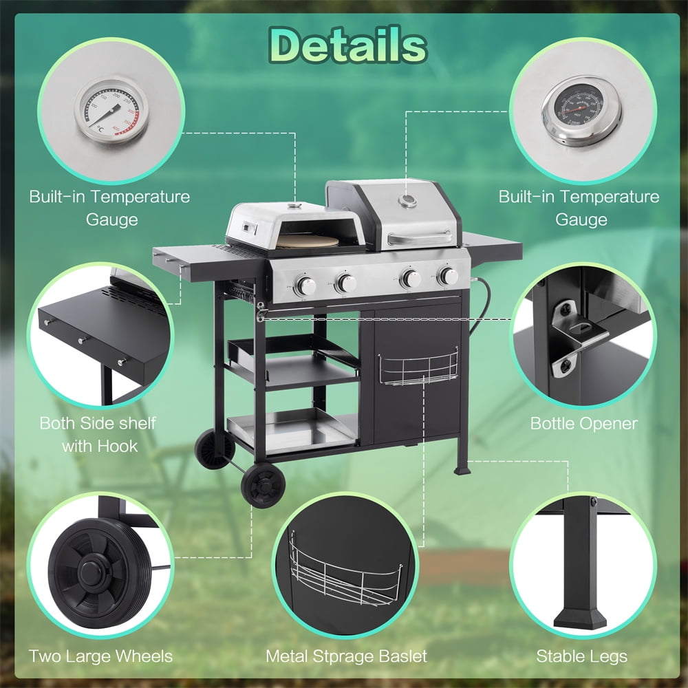 HighSound 4 Burner Propane Gas Grill & Griddle Combo BBQ Grill with Lid & Pizza Oven 49200 BTU, Flat Top Propane Grill Griddle Combo for Outdoor Cooking While Camping & Tailgating, Black Gas Grills