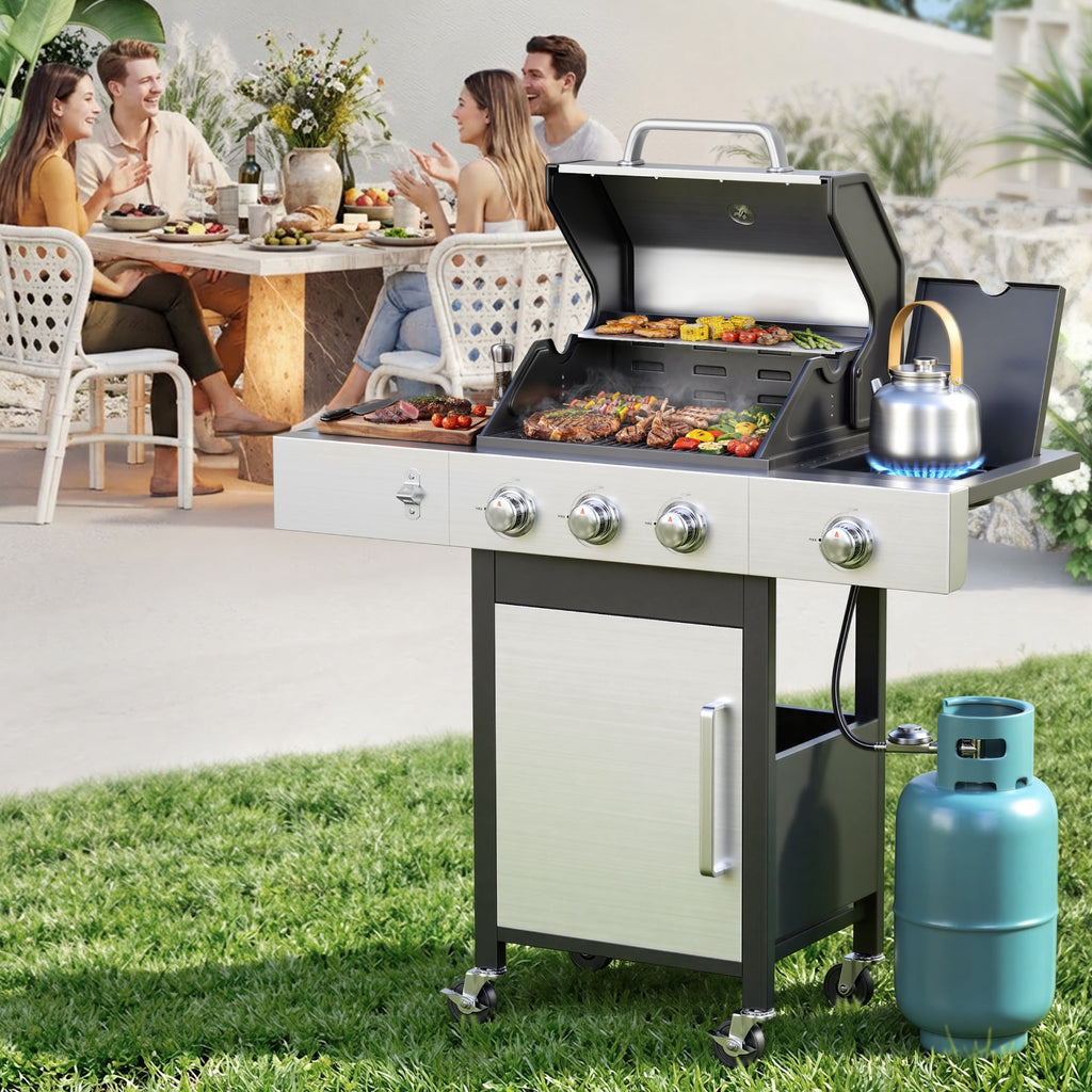 Biotree 3 Burner Gas Grill with Side Burner,40800 BTU Barbecue Grill Propane Stainless Steel BBQ Grill with Porcelain-Enameled Cast Iron Grates for Outdoor Cooking Gas Grills