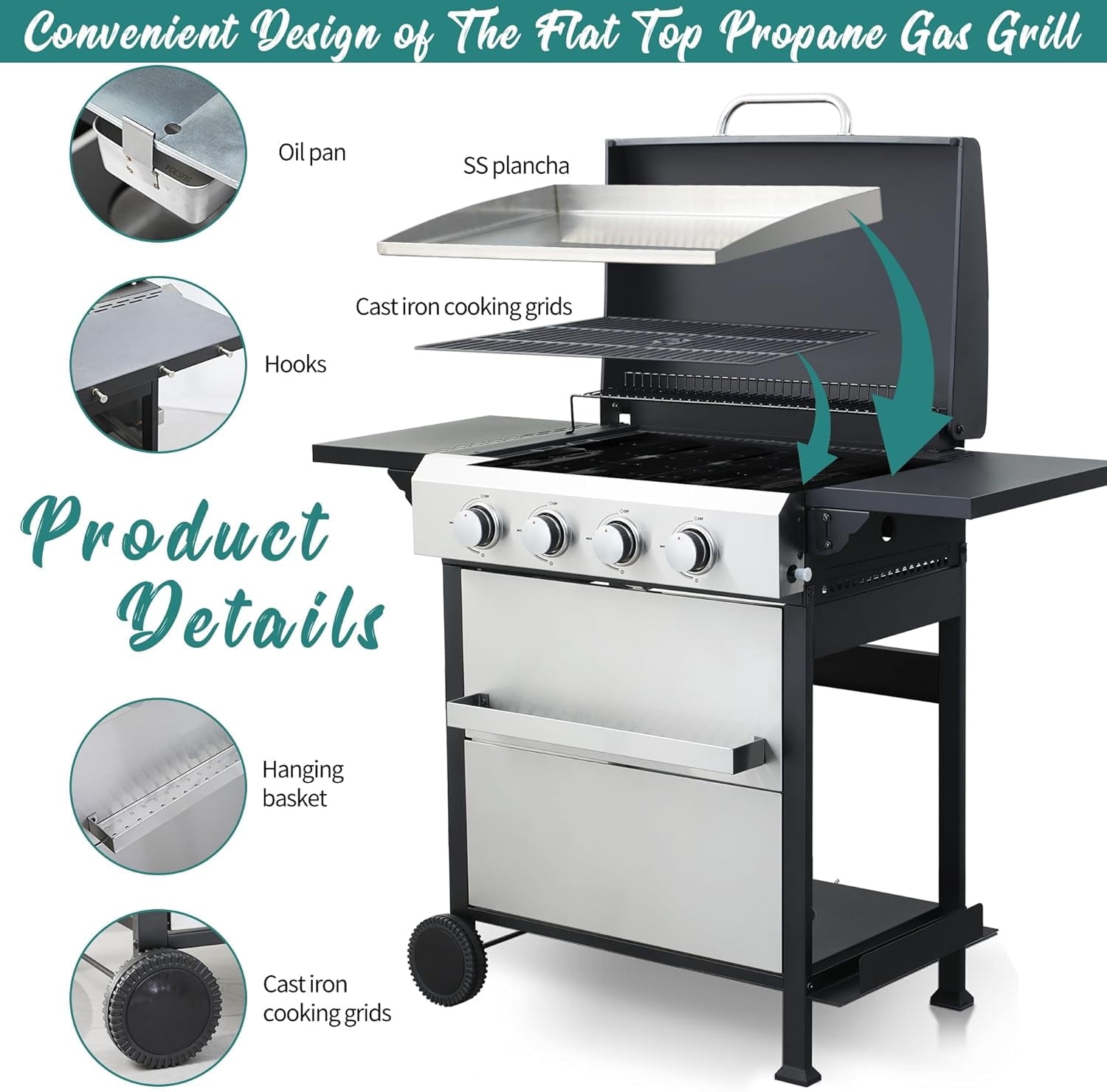 Updated 4 Burner Propane Gas Grill with Lid & Foldable Side Tables, 49200 BTU Outdoor BBQ Grill for Backyard - Stainless Steel Plancha & Cast Iron Cooking Grids Combo Unbranded