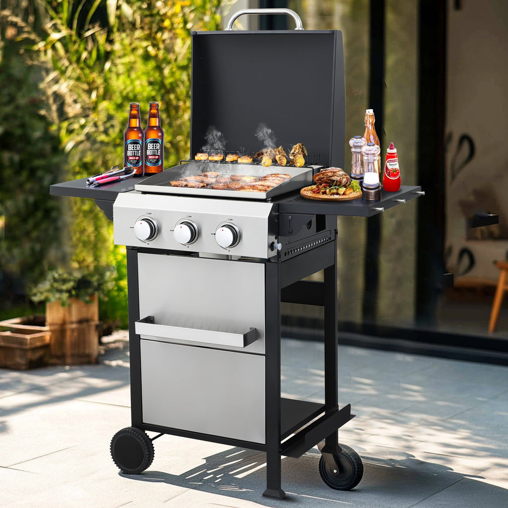 Seizeen 3-Burner Propane Gas Grill, Outdoor 2-IN-1 BBQ Grill & Griddle, Portable Combo Grills Stainless Steel, W/Two Foldable Shelves, Two Cooking Areas, Wheels Gas Grills