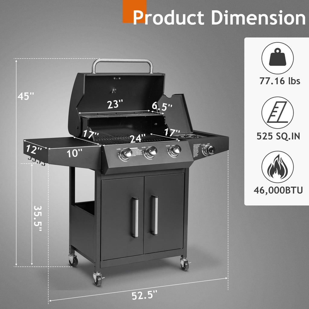 UBesGoo 3 Burner Propane Gas Grill with Side Burner 46000BTU for Camping Cooking BBQ UBesGoo