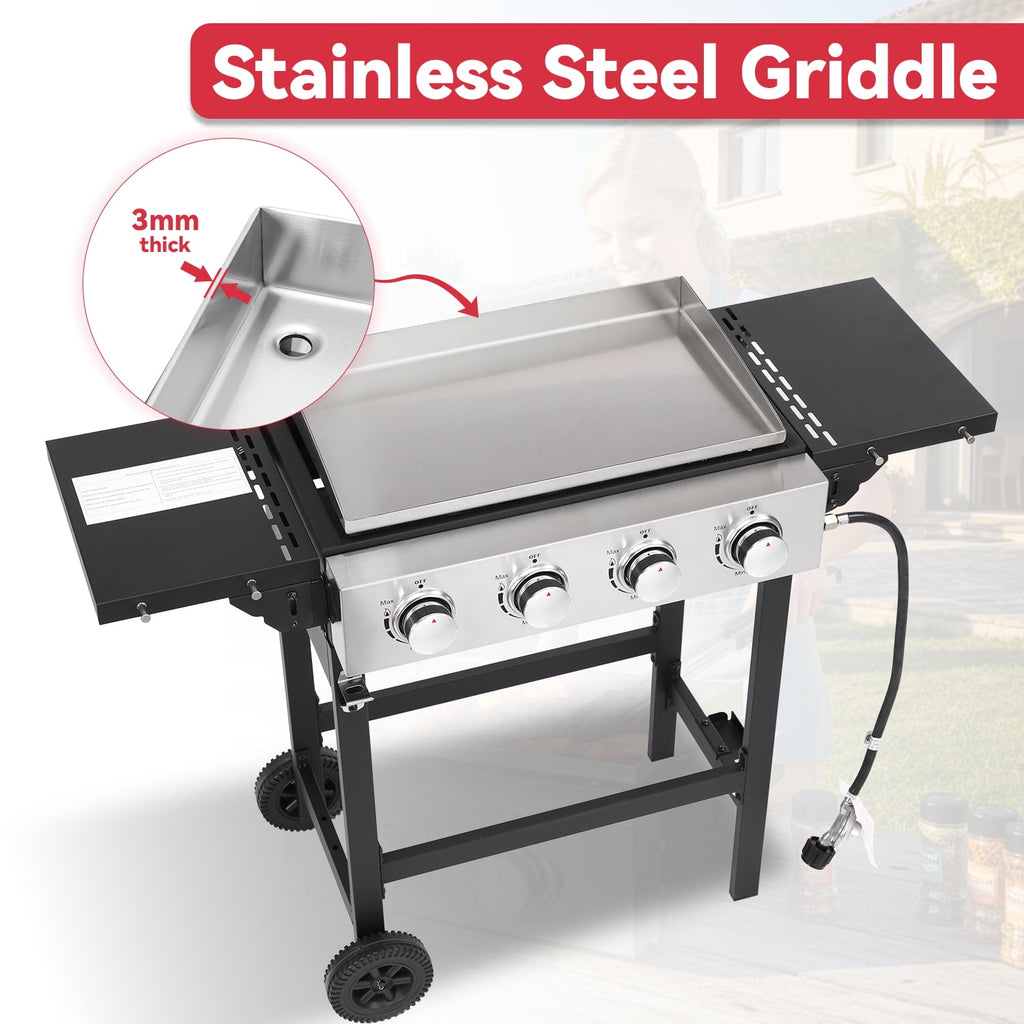 4-Burner Flat Top Gas Grill with Stainless Steel Griddle, Includes Cover & Regulator - Perfect for Camping, Tailgating, Backyards Born Free