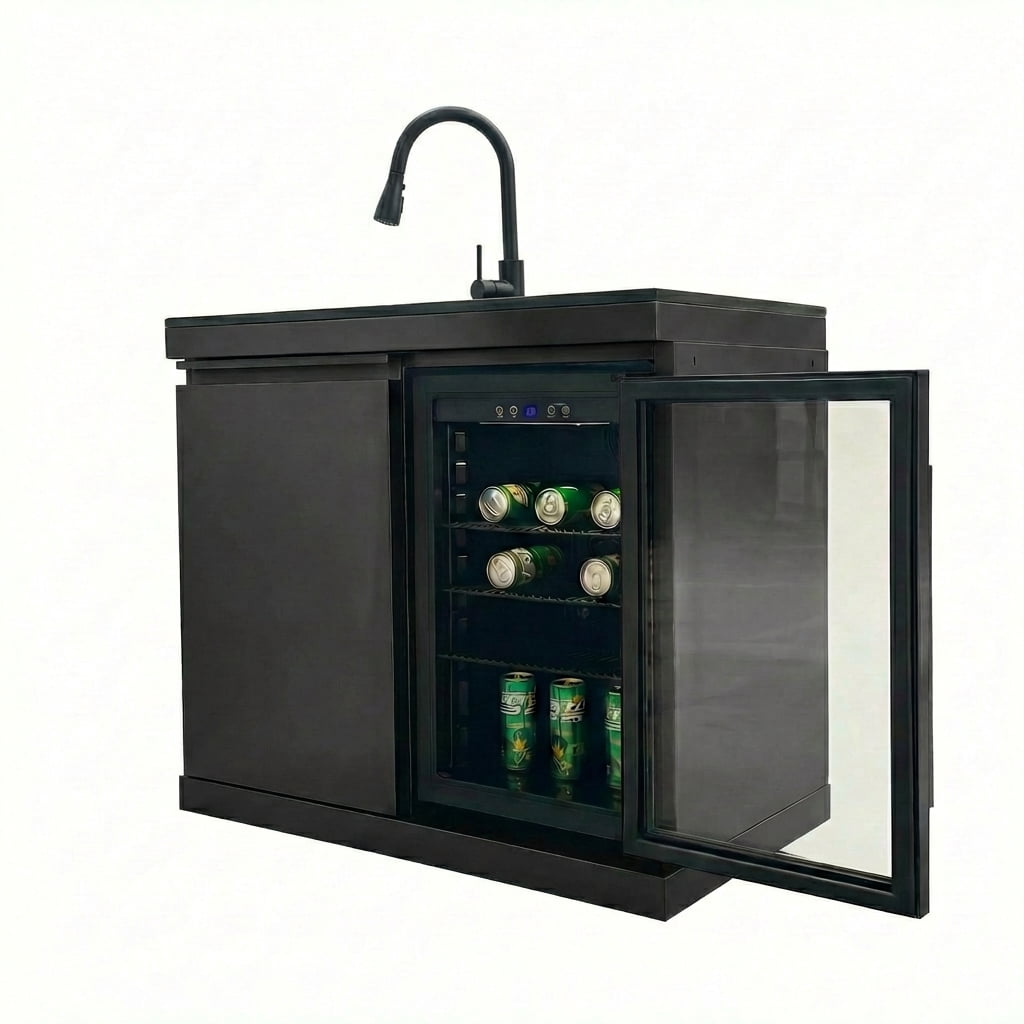 84 Deluxe Outdoor Kitchen Island with 6-Burner Gas Grill (75300 BTU), Premium SS304 Stainless Steel BBQ Station, Black Galaxy Granite Countertop, Dual-Zone Refrigerator, Sink, Rotisserie Kit & Cover HomeMindful