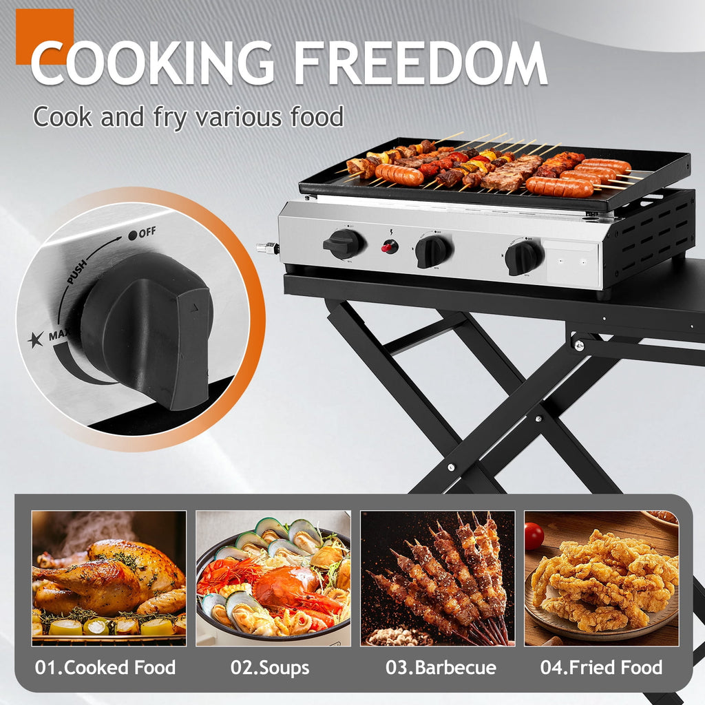 Ktaxon 3 Burner Propane Griddle Flat Top Gas Grill 30000 BTU Portable Grill with Ceramic Coated Cast Iron Pan,Side Shelves,Wheels Ktaxon