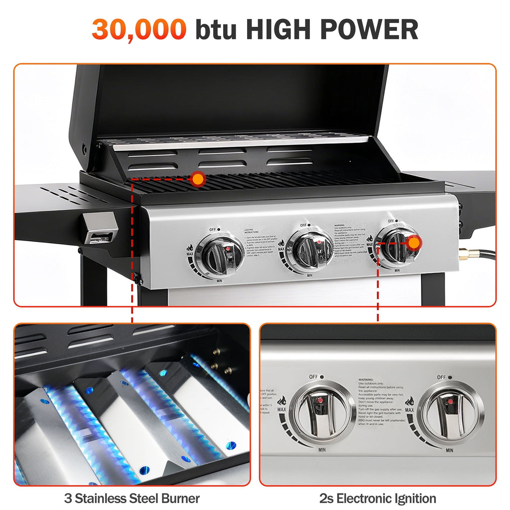 Outdoor BBQ Grill, Powerful 30,000BTU Gas Propane Grill, Stainless Steel Grill with Storage Shelves, Portable Grill for RV Party Camping Patio Gas Grills