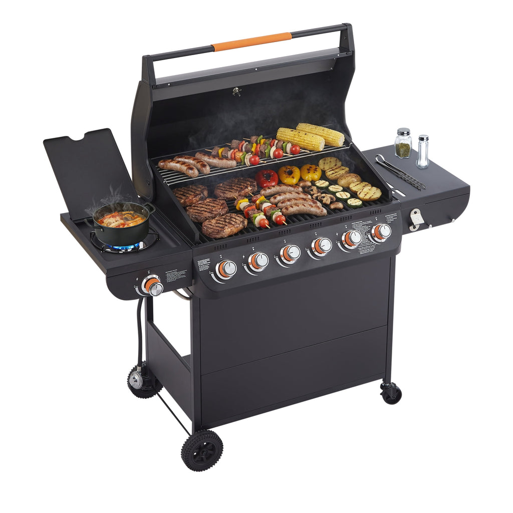 Noble House Professional 6-Burner Propane Gas Grill with Side Burner, Steel BBQ Grill with Cast Metal Grates, Black Noble House