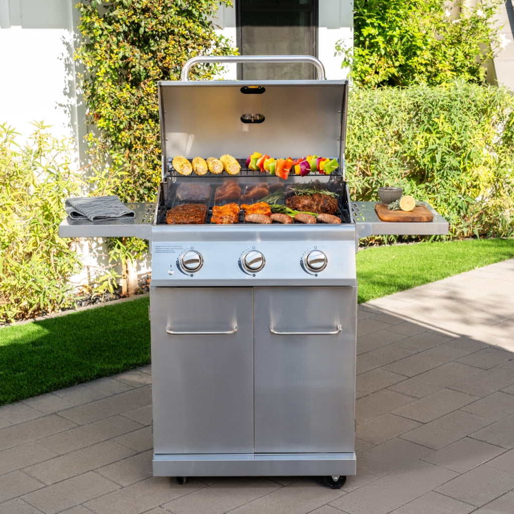 Nexgrill 3-Burner Stainless Steel Propane Gas Grill with Side Tables, 40,500 BTUs, 4 Wheel Transport, 591 SQ. IN. Cooking Space, Outdoor Kitchen Grill for BBQs, Patios, and More - 720-0830MN Nexgrill