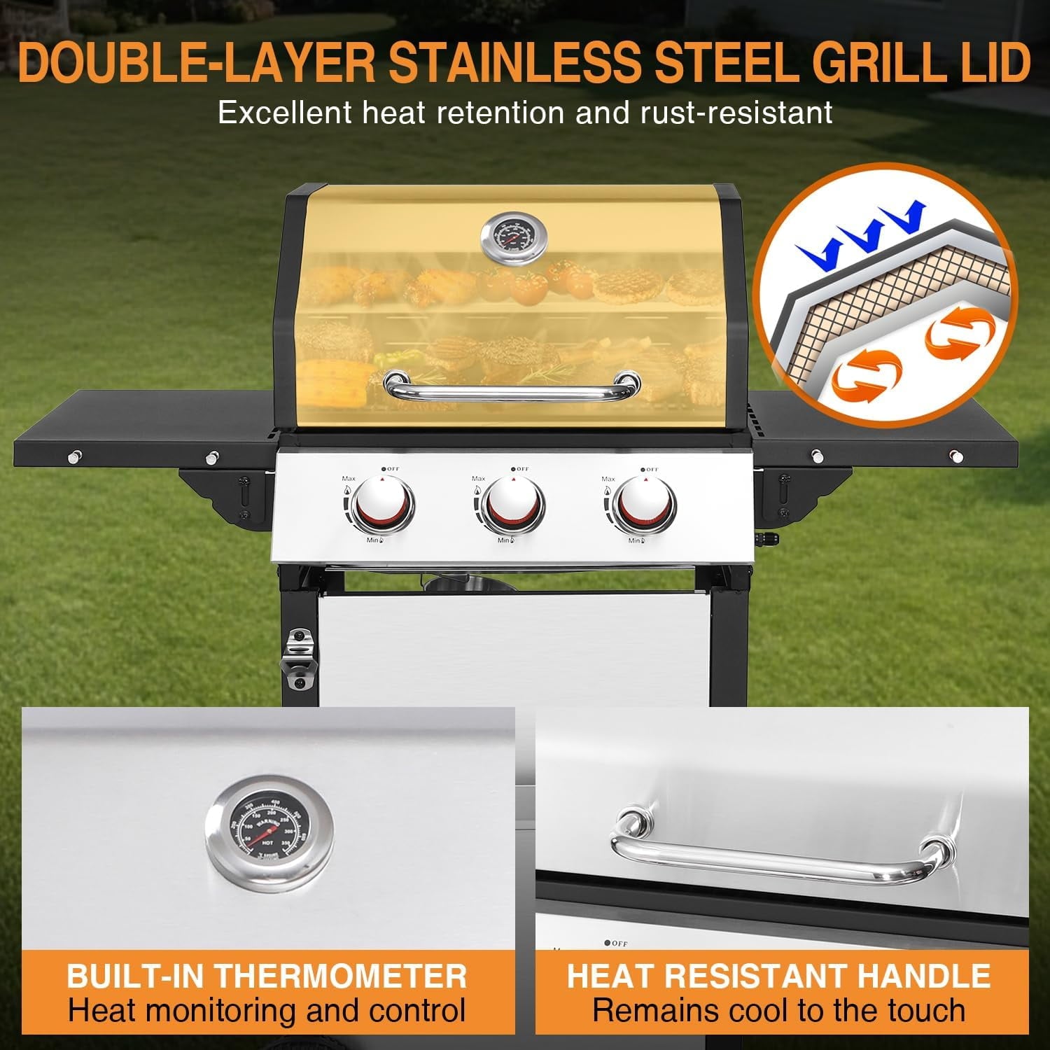 3 Burner Gas Grill with Double-Layer Stainless Steel Lid, 30,000 BTU Patio Garden Barbecue Grill with Folding Side Tables Garden It